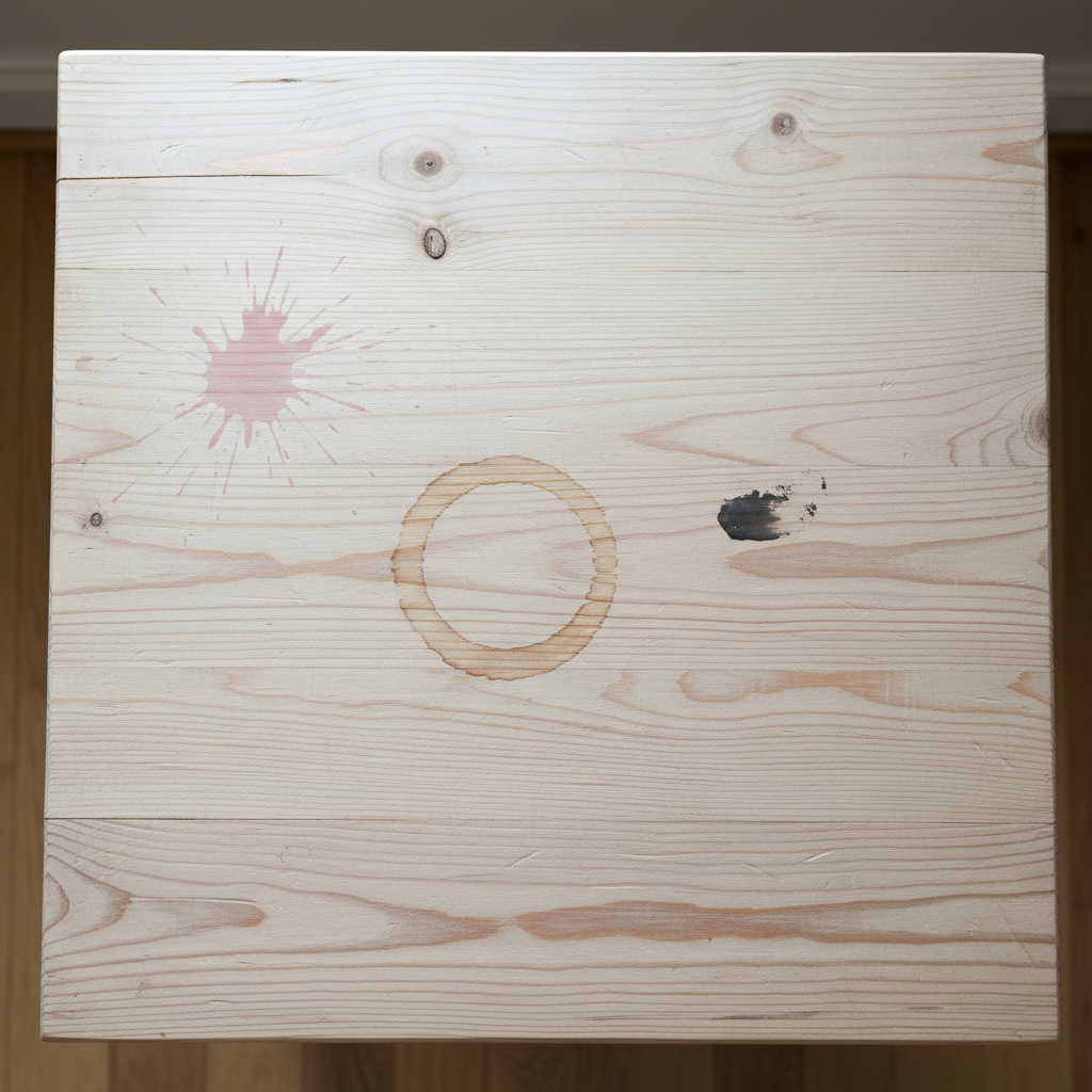 A high-angle, close-up professional photo showcasing a section of a light, untreated wooden tabletop. The wood grain is clearly visible, emphasizing its natural, unsealed texture. Scattered across the surface are distinct, common household stains: a prominent, circular water ring with darker edges, a small, dark greasy spot, and a light red wine splash. The lighting is soft and natural, highlighting the contrast between the wood and the imperfections, clearly illustrating the article's core problem in a realistic, appealing manner suitable for a blog.