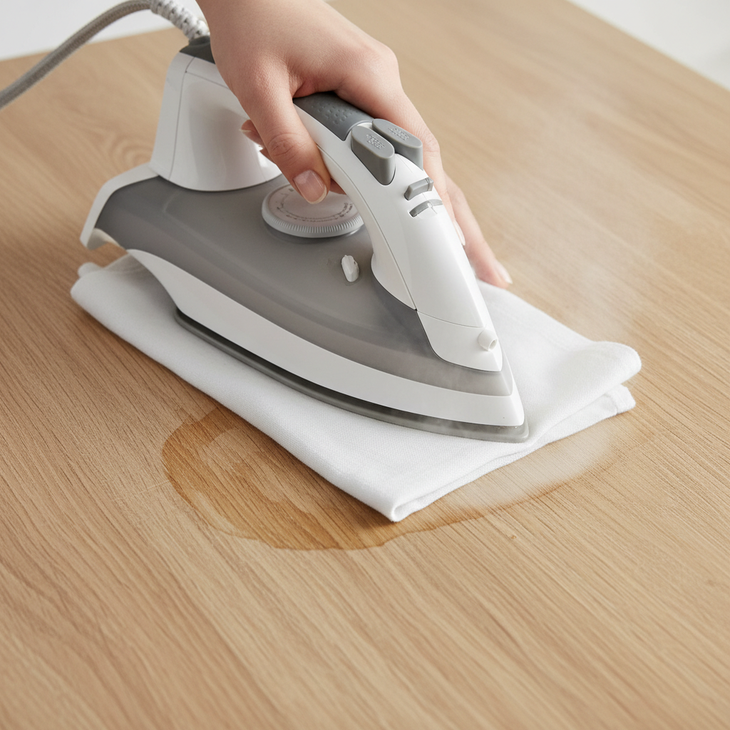 A detailed, professional photo illustrating the 'iron trick' method for removing water stains from untreated wood. The scene shows a close-up of an untreated wooden surface with a visible, dried water ring. Over this specific area, a clean, white cotton cloth is carefully laid. A modern, light-colored iron is gently pressed onto the cloth, with a subtle wisp of steam rising. Focus on the hands holding the iron and the clean, focused action, conveying a sense of effective cleaning.