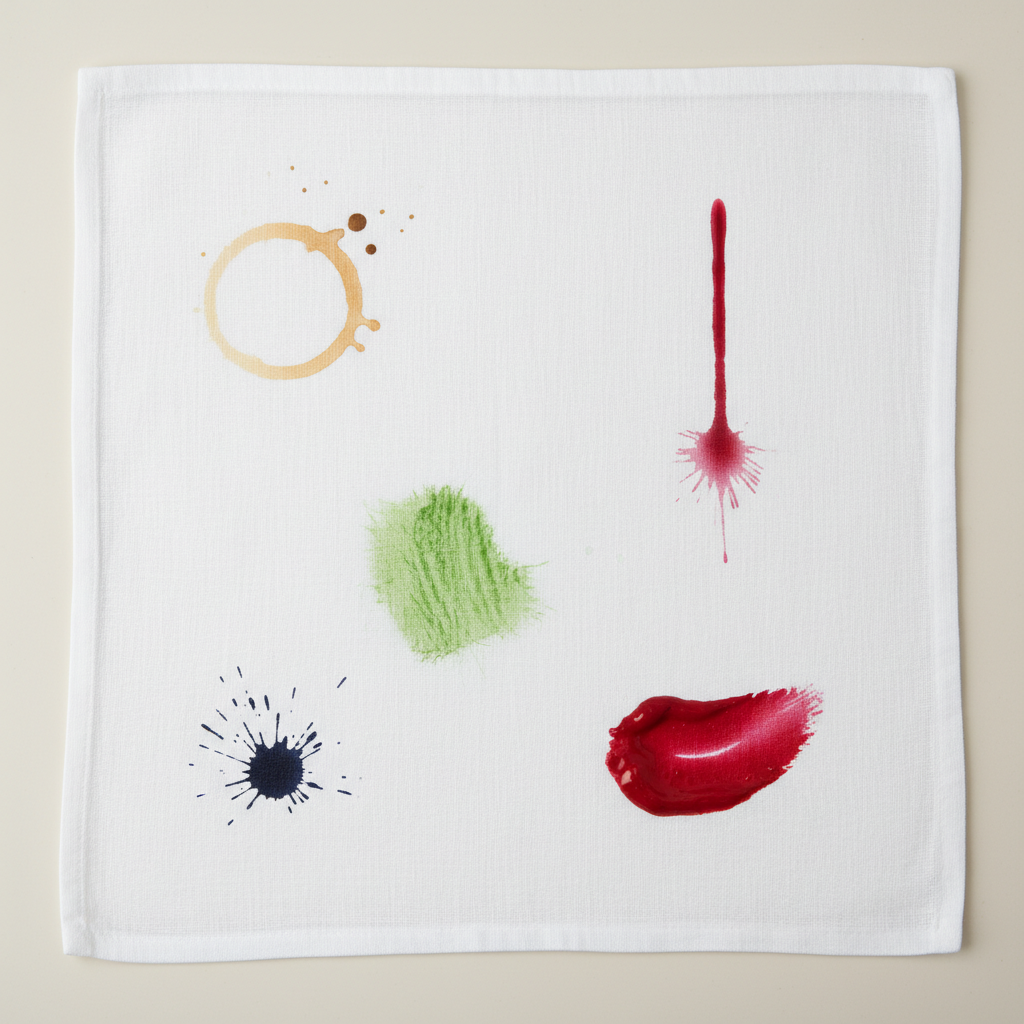 A top-down, high-definition product photography shot of a pristine white cotton tablecloth spread flat on a clean, light surface. Artfully arranged across the fabric are various distinct, common stains: a splattered coffee ring, a drip of red wine, a smudge of green grass, a smear of red lipstick, and a small ink blot. The strong contrast between the vibrant, colorful stains and the stark white fabric highlights their visibility and the challenge they pose. The image should be brightly lit, emphasizing the fabric texture and the nature of each stain.