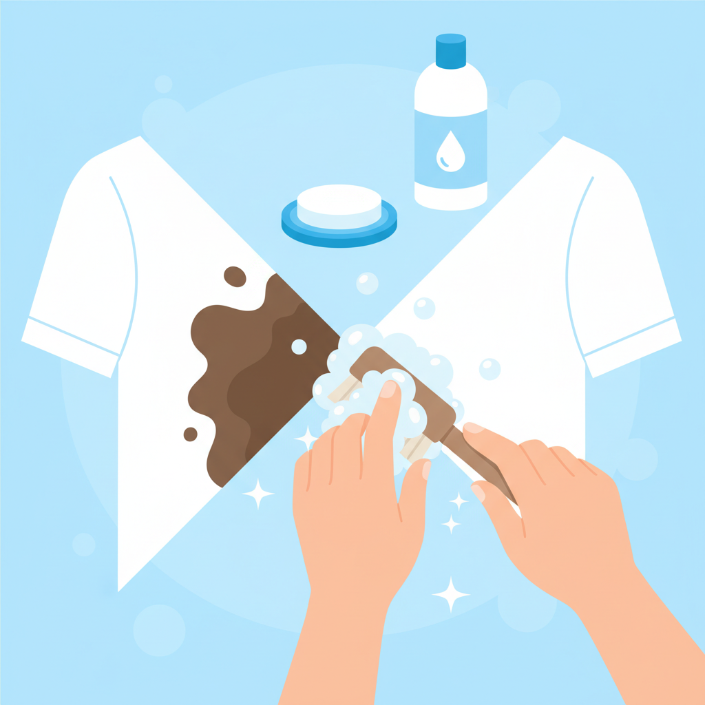 A bright, clean flat illustration depicting a dynamic 'before and after' or 'process' scene. On one side, a segment of a white shirt sleeve is visibly stained with a generic dark blotch (e.g., representing coffee or mud). On the other side, the same sleeve segment is sparkling pristine white. A pair of hands (gender-neutral) are actively, yet gently, scrubbing the transition area between the stained and clean parts with a soft brush and a few bubbles. Simple, generic cleaning tools like a bottle of detergent or a bar of soap are visible in the background, out of focus, suggesting a successful cleaning process.