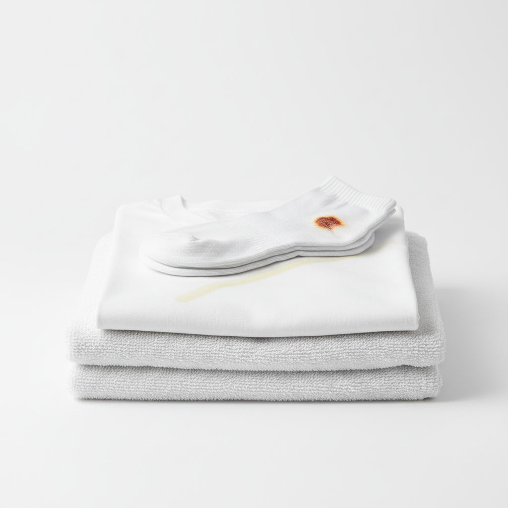 A professional, bright studio photo featuring a neatly folded stack of pristine white laundry items, such as a crisp white t-shirt, a fluffy towel, and a clean white sock. However, several items are subtly marred by different types of stains: a faint yellow streak suggestive of pre-treatment residue, a subtle grayish film hinting at limescale or detergent residue, and a small, distinct reddish-brown rust spot. The lighting is clean and even, emphasizing the stark contrast between the desired pure white and the unwanted imperfections. The composition is clean and focused on the laundry, conveying frustration.