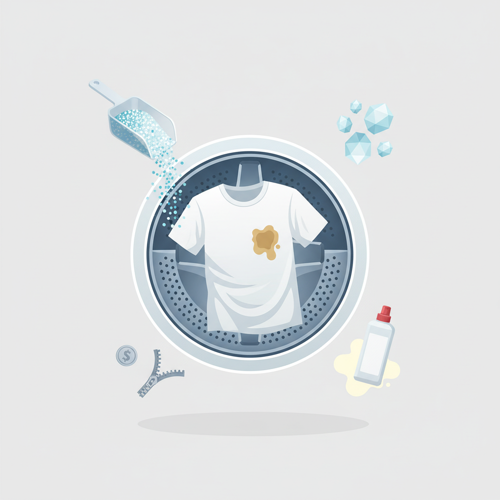 A clean, infographic-style vector illustration depicting a cross-section of a washing machine drum, with various elements floating or positioned around it to symbolize common causes of stains. Inside the drum, a piece of white laundry is visible, slightly discolored. Around the drum, illustrate: an overflowing detergent scoop, abstract representations of hard water minerals (like small crystalline shapes), a tiny metal coin or zipper pull, and a generic bottle of stain pre-treatment solution next to a faint yellow smudge. The background is simple and clean, focusing on the visual metaphors for each problem.