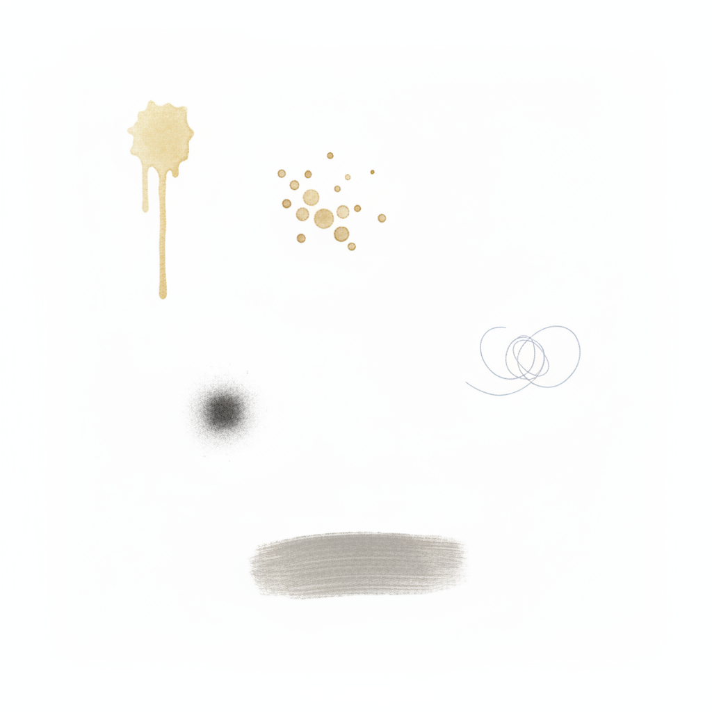 A professional flat illustration depicting a pristine white wall with several distinct, common stains scattered across its surface. The stains should be visually identifiable without any text: include a yellowish water stain with a subtle drip, a greasy splatter mark, a small, dark soot smudge, a faint scribble from a blue pen, and a general dirt or scuff mark near the bottom. The overall aesthetic should be clean, modern, and infographic-like, highlighting the contrast between the otherwise immaculate white background and the imperfections. The focus is on illustrating the variety of problems.