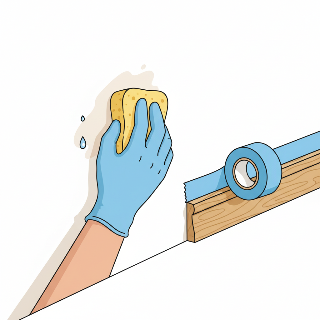 A clear, instructional vector illustration showing the initial preparation stages for painting over a wall stain. The scene features two distinct actions on a white wall: one section shows a hand, possibly gloved, gently wiping a subtle, undefined stain with a damp sponge or cloth. Another section depicts neatly applied blue painter's tape along the edge of a wooden baseboard or a window frame, creating a sharp protective line. The style should be clean, precise, and easy to understand, emphasizing the methodical actions of cleaning and masking. No human faces visible.