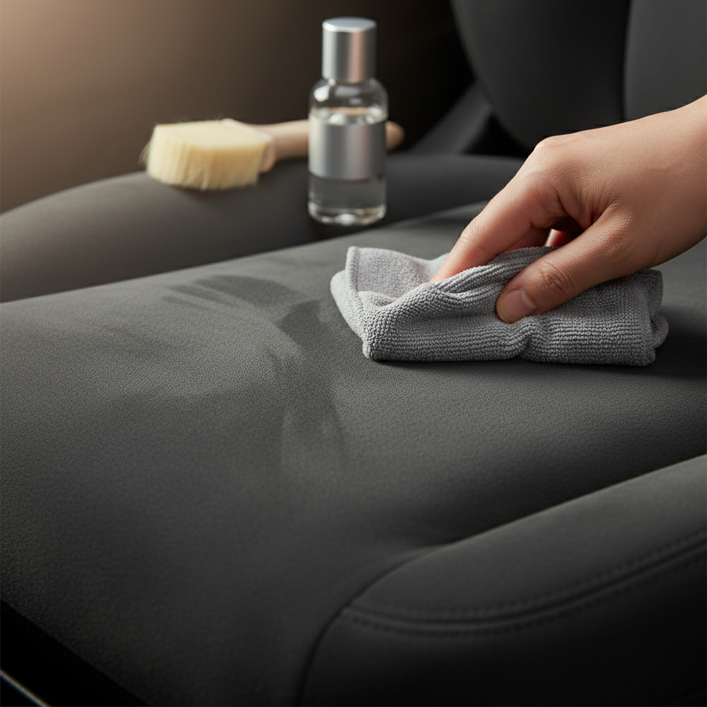 A luxurious close-up shot of a pristine Alcantara car seat or sofa cushion, showcasing its rich, velvety texture and deep, elegant color (e.g., charcoal grey or rich blue). In the foreground, a soft, plush microfiber cloth is gently sweeping across a small section, implying careful routine maintenance. Nearby, subtly blurred in the background, a soft-bristled Alcantara brush and a small, clear bottle of mild cleaning solution are visible, emphasizing the gentle care products. The lighting is soft and inviting, highlighting the material's premium quality and sophisticated feel. Style: Professional studio photograph with a shallow depth of field.
