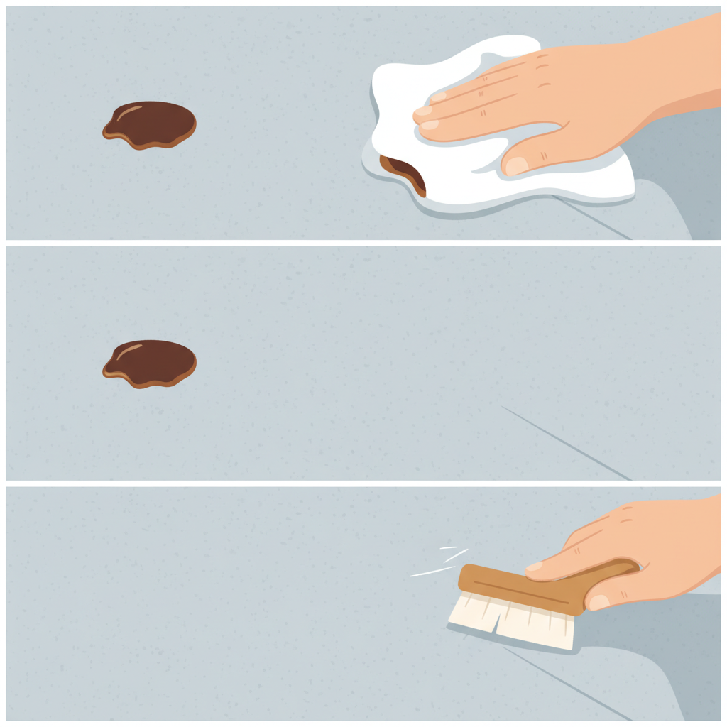 An infographic-style illustration demonstrating the gentle removal of a common liquid stain (e.g., a small dark spill like coffee or juice) from an Alcantara surface. The illustration is divided into three clear panels or stages, depicting the progression. The first panel shows the liquid stain on the Alcantara. The second panel shows a hand gently dabbing the stain with a clean, white microfiber cloth, soaking up the liquid. The third panel shows the same area, now visibly clean and dry, with a soft-bristled brush gently working over it to restore the nap. The overall palette is clean and modern, focusing on the actions and positive results. Style: Flat illustration with a clear, step-by-step aesthetic.
