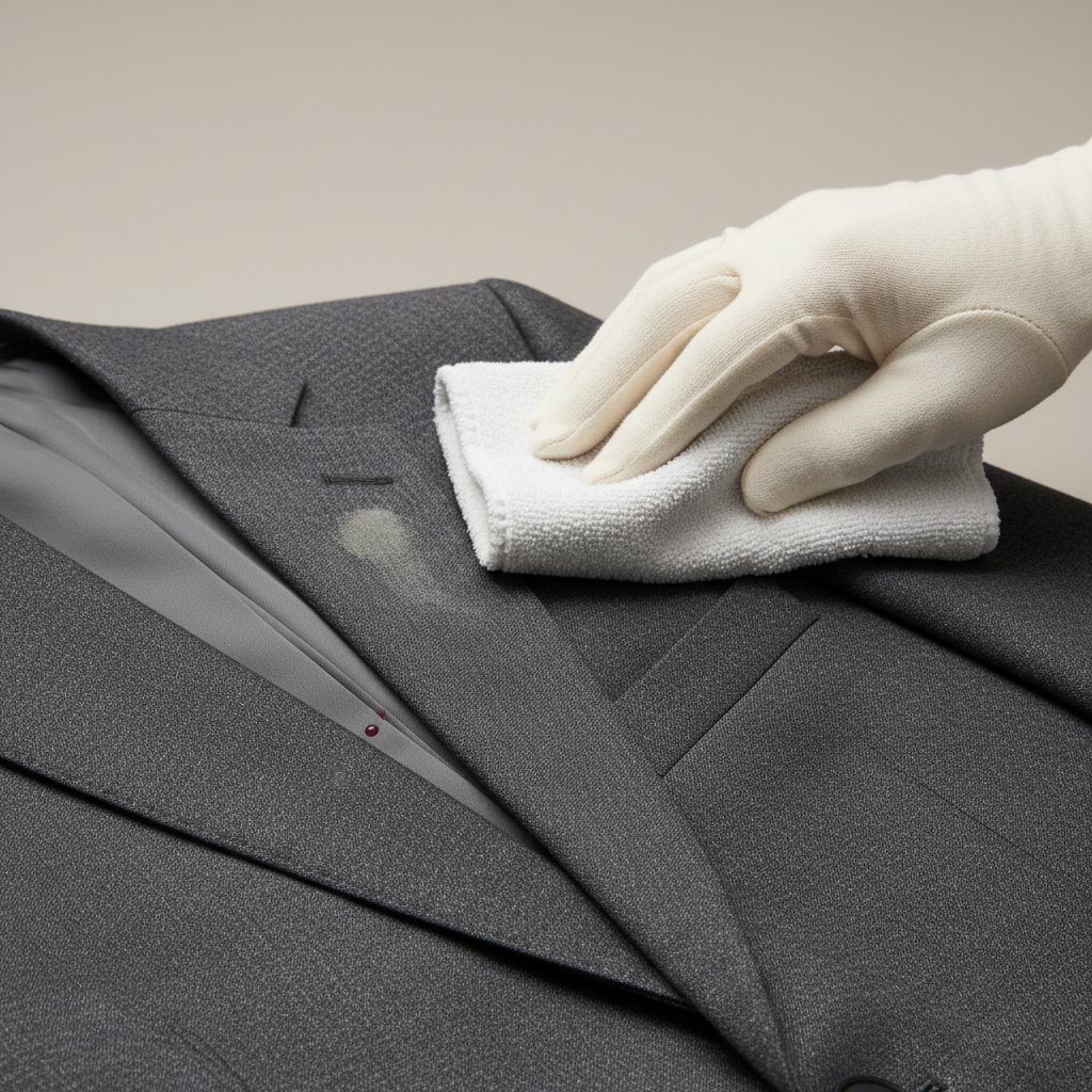 A high-quality studio photo of a sophisticated, dark-colored suit jacket (e.g., charcoal grey or navy blue), presented from a slightly elevated angle. The left half of the jacket fabric is subtly marred by a few common, small stains like a light grease mark and a faint red wine droplet. The right half of the jacket is impeccably clean and pristine. A hand, possibly gloved, gently dabs the stained area with a soft, clean cloth, visually representing the transformation from soiled to spotless. The image should highlight the delicate texture of the suit fabric and convey a sense of care and restoration.