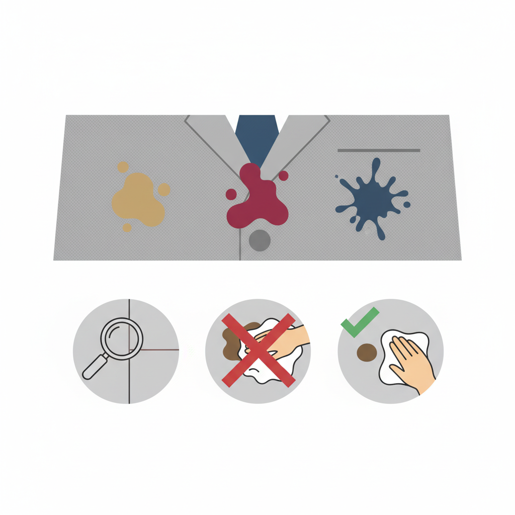 A clean, modern flat illustration in an infographic style, depicting key principles of suit stain removal. The composition shows various symbolic representations of common stains (e.g., a stylized grease blob, a red wine spill outline, an ink splat) on a generic suit fabric texture. Below this, a sequence of actions: a magnifying glass hovering over an inconspicuous seam or inner lining, symbolizing 'test first'; an 'X' symbol prominently displayed over a hand vigorously rubbing a stain; and a distinct checkmark symbol placed over a hand gently dabbing a stain with a clean cloth. The overall visual should be clear, instructive, and emphasize best practices.