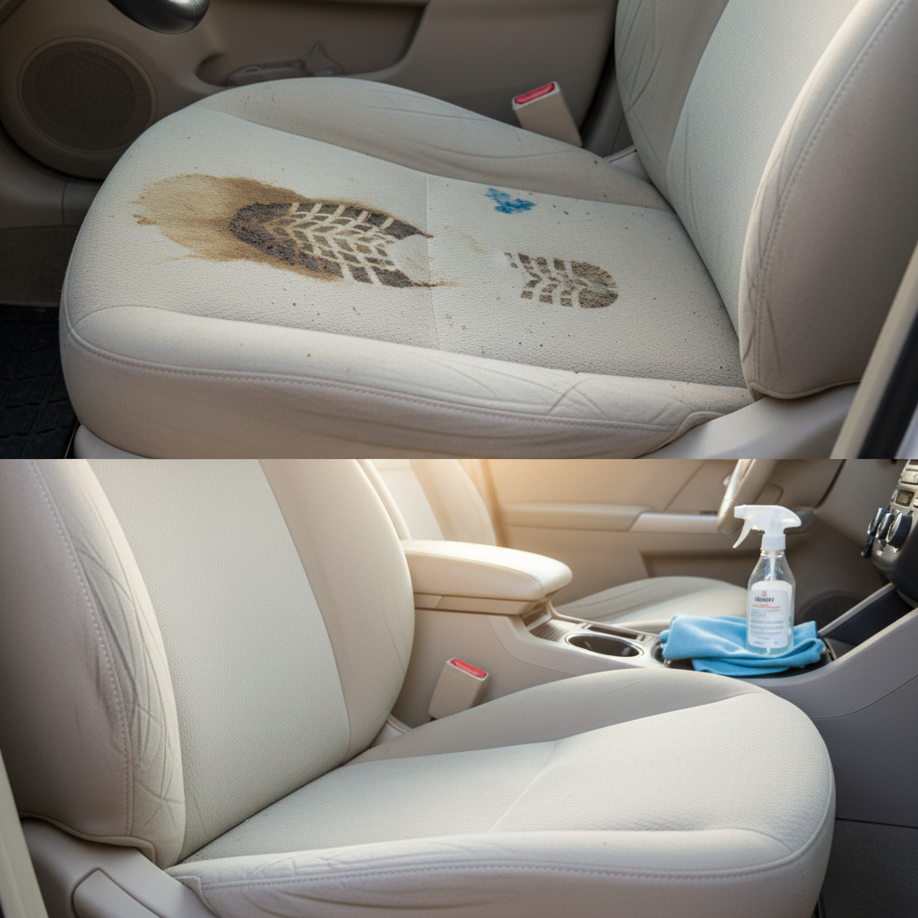 A professional, high-resolution photo showcasing a car's interior. The image is split horizontally. The upper half depicts a stained car seat, with visible common stains like a coffee spill, a mud footprint, and a small ink mark on light-colored fabric upholstery. The lower half shows the same seat area looking immaculate and spotless, reflecting a clean and fresh appearance. A soft, clean microfiber cloth and a generic spray bottle are subtly placed on a nearby surface, hinting at the cleaning process without being the main focus. The overall atmosphere is bright and inviting, emphasizing transformation.