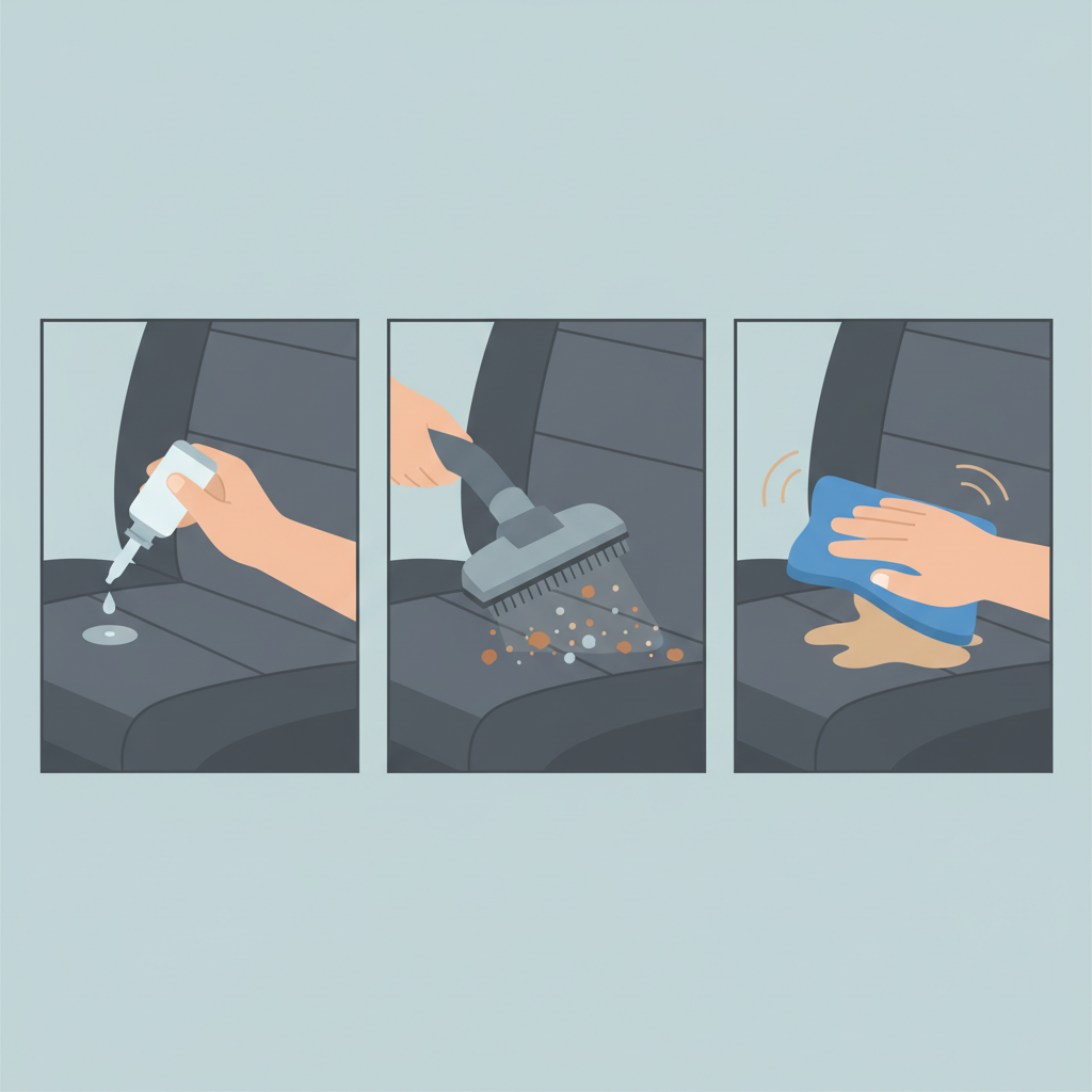 A clean, modern flat illustration or vector art diagram, depicting three distinct, small panels or frames arranged horizontally. The first panel shows a hand gently dabbing a tiny amount of cleaning solution onto an inconspicuous area of car upholstery, like under the seat flap, demonstrating a patch test. The second panel illustrates a vacuum cleaner nozzle removing loose crumbs and dust from a car seat. The third panel shows a hand holding a microfiber cloth, carefully blotting a fresh liquid stain on the upholstery, emphasizing a gentle dabbing motion rather than rubbing. The focus is on clear, simple actions.