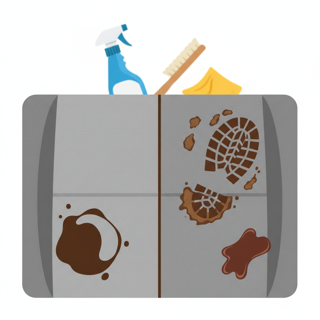 A vibrant, high-quality flat illustration showcasing a modern car seat fabric. One side of the fabric is pristine and clean, reflecting its 'like-new' state. The other side features a cluster of common, clearly identifiable stains: a dark coffee spill, a muddy boot print, and a smeared chocolate mark. In the background, subtly blurred, are generic cleaning tools like a spray bottle, a soft brush, and a microfibre cloth, hinting at the cleaning process. The overall impression should be one of transformation from dirty to clean, emphasizing effective stain removal.