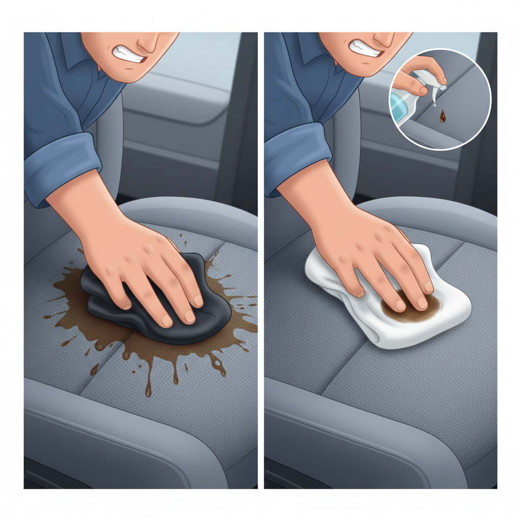 A split-screen or comparative infographic-style illustration depicting two contrasting methods for stain removal on car seat fabric. On the left, a hand is seen vigorously rubbing a dark liquid stain with a cloth, inadvertently spreading it further into the fabric. On the right, a different hand is gently dabbing a similar stain with a clean, absorbent cloth, with the stain visibly lifting and shrinking. A small, separate inset in the corner shows a hand applying a tiny drop of cleaning solution to an inconspicuous seam of the car seat fabric for a patch test.