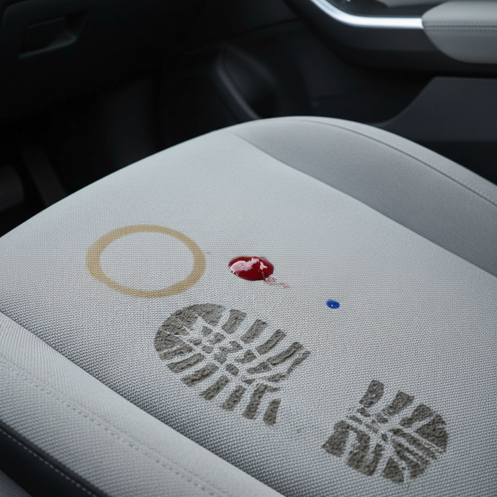 A close-up, eye-level shot of a modern car's passenger seat upholstered in a light grey fabric. The seat surface is marred by several distinct, fresh-looking stains: a dark brown coffee ring, a small splotch of red juice, a dried muddy boot print, and a tiny blue ink dot. The background is softly blurred, emphasizing the soiled seat. Professional studio photography with clear, natural lighting, highlighting the texture of the fabric and the different types of stains.