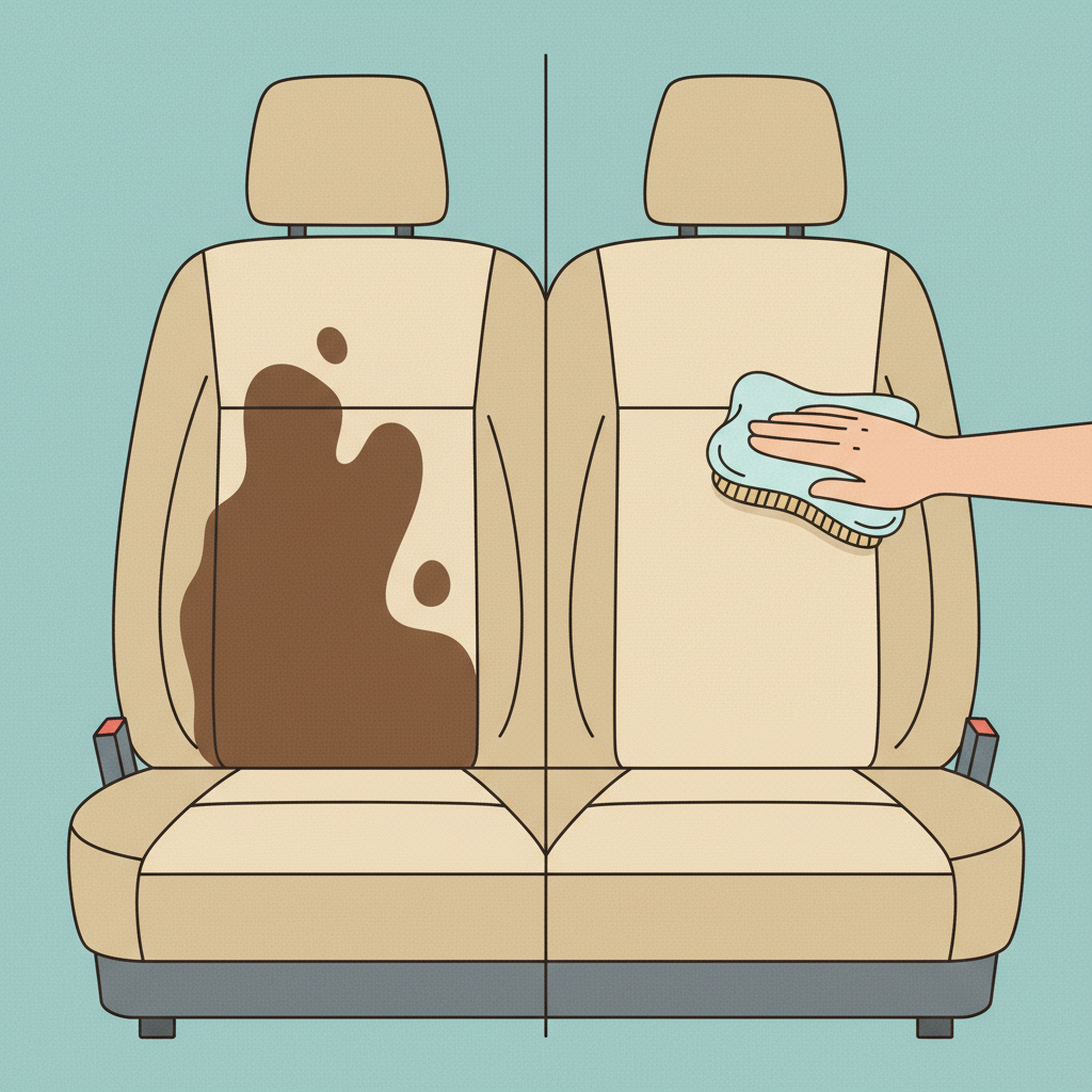 A vibrant flat illustration depicting a conceptual split image of a car seat. On the left side, a visible, deep-set liquid stain (like coffee or grease) is prominent on beige fabric upholstery. On the right side, the same fabric area appears perfectly clean and revitalized, with no trace of the stain. A hand holding a cleaning cloth or brush is subtly visible near the clean section, implying the successful cleaning process. Clean lines, inviting color palette, and a slightly textured finish.