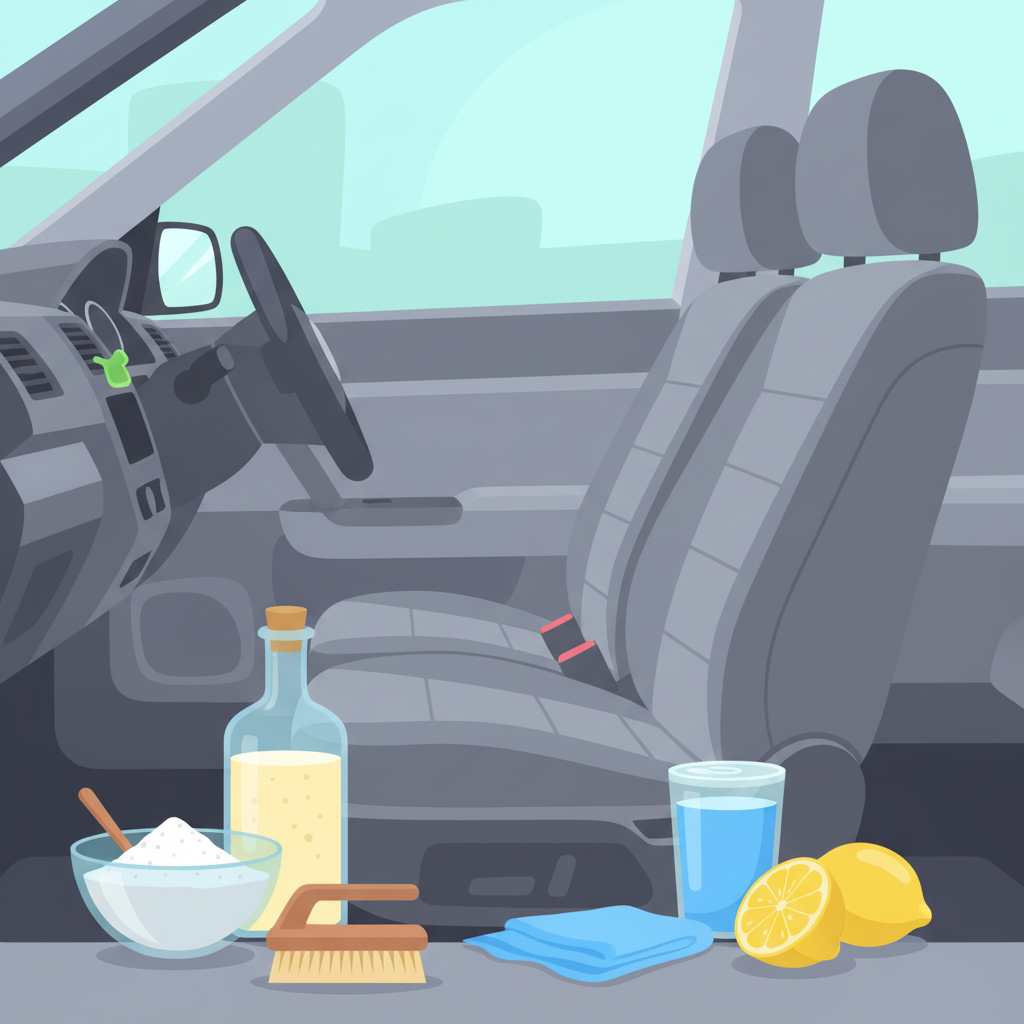 A vibrant flat illustration depicting a clean car interior focusing on the driver's seat. Around the car seat, various common household cleaning items are artfully arranged: a bowl of baking soda, a bottle of white vinegar, a lemon cut in half, and a small container of dish soap. A microfiber cloth and a gentle scrub brush are also visible near the seat, suggesting the process of cleaning. The car seat itself is pristine, symbolizing the effectiveness of home remedies. The background is softly blurred to keep the focus on the cleaning elements and the car seat.