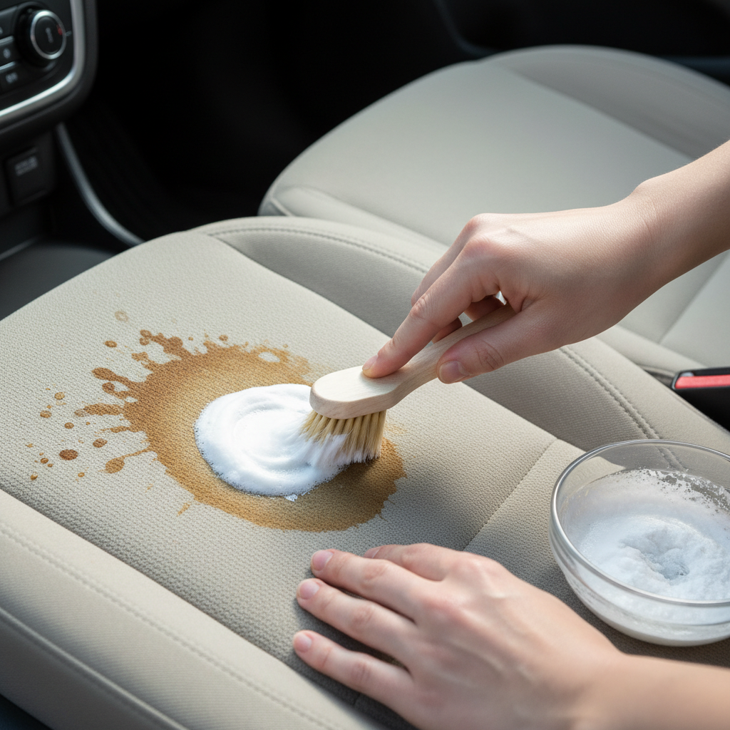 A high-quality professional photo showcasing a car seat with a prominent, fresh coffee stain on the fabric. Next to this, a clean, pristine section of the same car seat is visible, implying a successful cleaning. In the foreground, hands are gently applying a natural cleaning solution, perhaps a white foamy substance like baking soda paste, with a soft brush onto a different, smaller, representative stain. The overall aesthetic is clean and practical, emphasizing the transformation from dirty to clean using simple methods. The lighting is bright and natural.