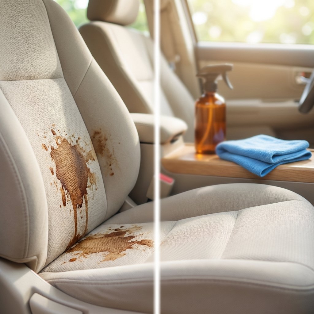 A professional photo capturing a 'before and after' effect on a car seat. On one side, a visible dark coffee stain is prominently featured on a light-colored fabric car seat, looking messy. The other side of the image, perhaps separated by a soft line or implied transition, shows the same car seat section looking impeccably clean, fresh, and restored, completely free of the stain. In the blurred background, cleaning tools like a spray bottle and a clean microfiber cloth are subtly visible, hinting at the successful cleaning process. The lighting should be bright and natural, emphasizing cleanliness.