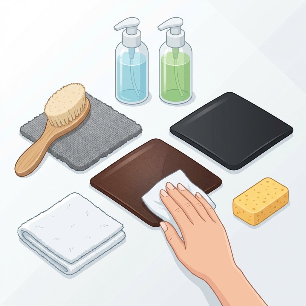 A detailed flat illustration depicting a variety of cleaning tools arranged around miniature samples of different car seat materials. Show three distinct material swatches: a textured grey fabric, a smooth dark brown leather, and a sleek black synthetic leather. Position generic cleaning items nearby, such as a soft-bristled brush, a clean white microfiber cloth, a small sponge, and two minimalist, unlabeled bottles representing cleaning solutions. A gentle hand is lightly touching or dabbing one of the material swatches, conveying a careful and precise cleaning action. The overall style should be clean, organized, and informative, suitable for a helpful guide.