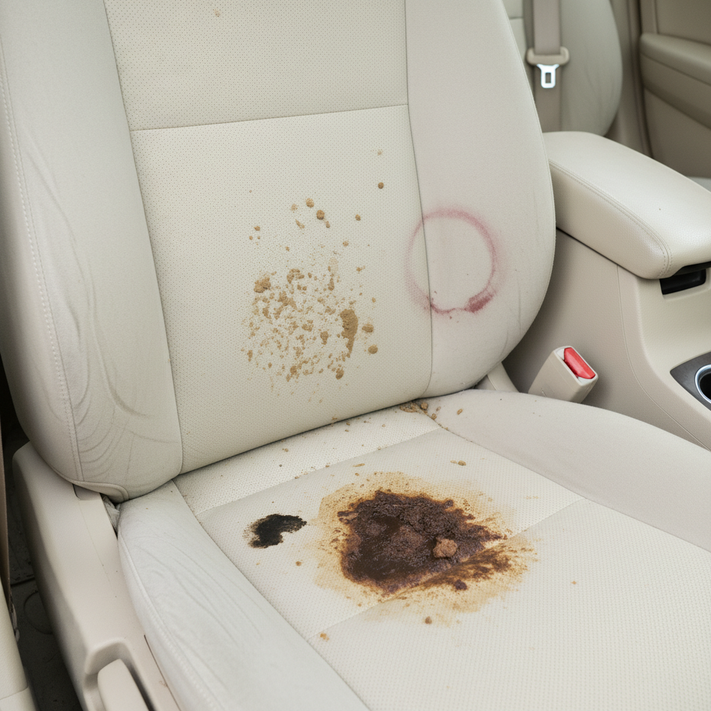 A close-up, slightly overhead shot of a car seat interior, primarily focusing on the seat bottom and backrest. Several distinct, common stains are visible on the light-colored fabric upholstery: a dried coffee spill, a small dark grease smudge, a dried mud splatter, and a faint red wine mark. The overall impression is one of mild neglect but with potential for recovery. Professional photo, clean lighting, realistic but aesthetically pleasing, emphasizing the contrast between the stains and the potential for a clean seat.