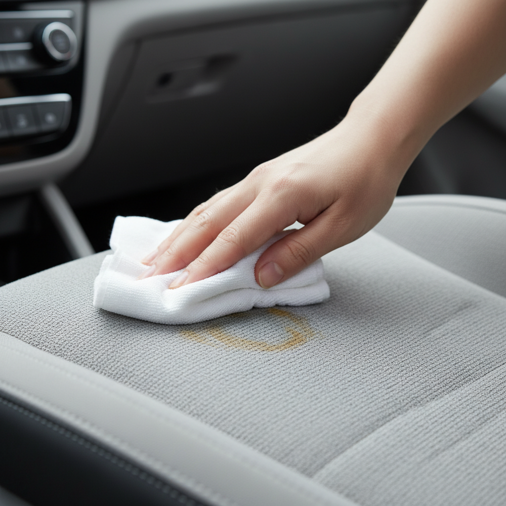 A professional photo showing a close-up of a hand gently dabbing a fresh, light brown coffee stain on a light grey fabric car seat. The hand holds a clean white microfiber cloth, applying gentle pressure in a tapping motion. The coffee stain is clearly visible but appears recent, not deeply ingrained. The car seat texture is visible, and the background is softly blurred, hinting at a car interior. The image should convey care and effectiveness, highlighting the gentle approach to stain removal.