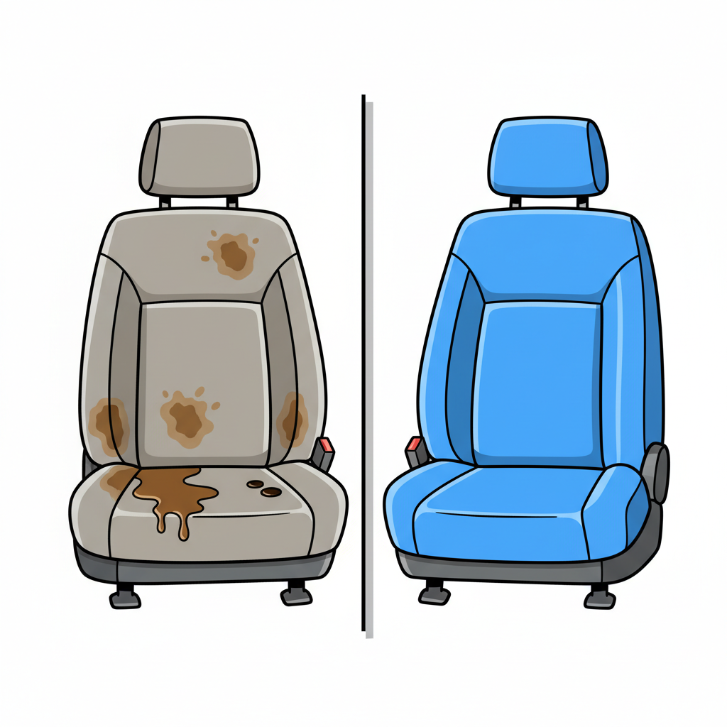 A flat illustration in a clean infographic style, depicting a car seat divided vertically into two halves. The left half shows a fabric car seat marred by several common stains, such as a fresh coffee spill, a dried mud splat, and a small grease mark. The fabric appears dull and unclean. The right half shows the identical car seat, pristine and perfectly clean, with its fabric looking fresh and revitalized. The illustration should use bright, appealing colors and clear lines to visually contrast the 'before and after' of effective stain removal.