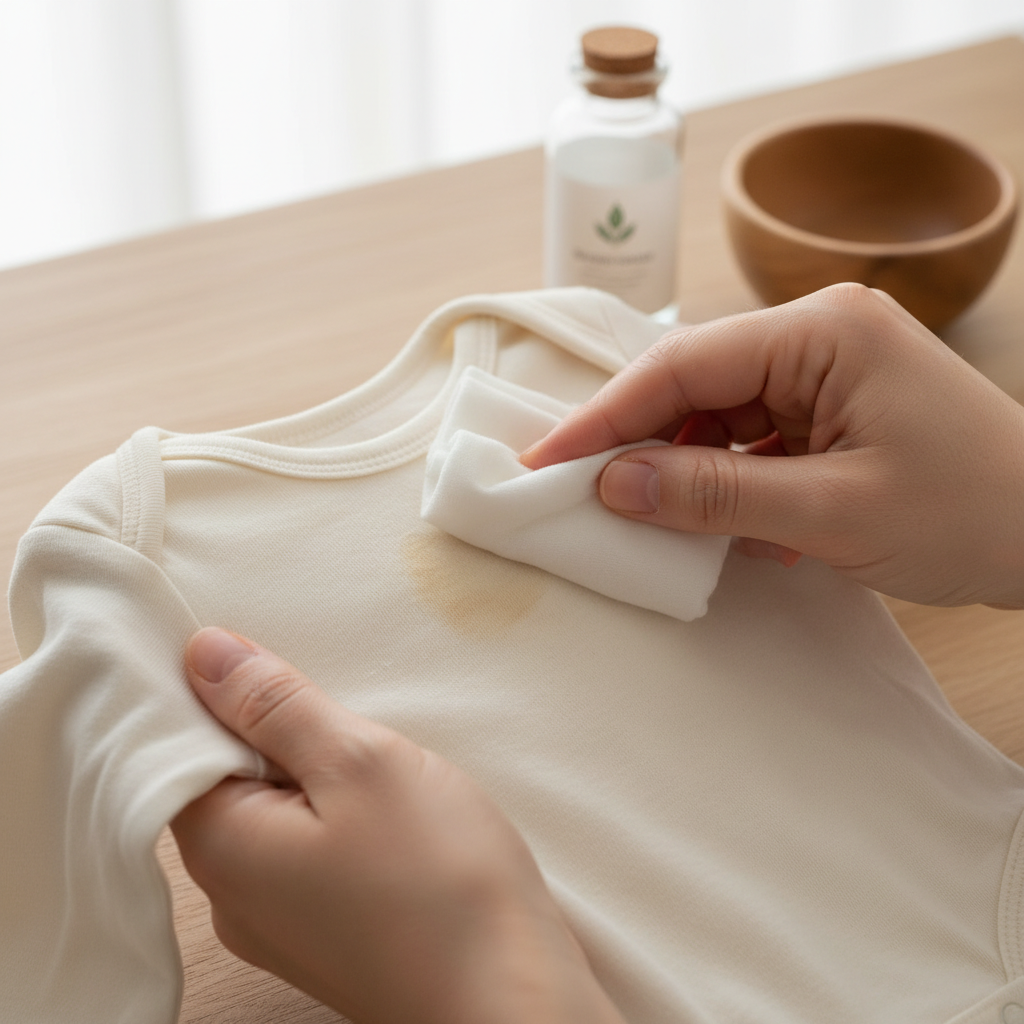 A professional photo showing a close-up of a pair of adult hands gently dabbing a small, light-colored baby onesie with a soft, damp cloth. A subtle, light brown stain is visible on the fabric where the hands are working. In the background, out of focus, a small bottle of a mild, natural cleaning solution (e.g., represented by a simple, unbranded label with a leaf icon) is visible. The lighting is soft and natural, emphasizing the delicate nature of baby clothes and the careful, quick treatment required to remove stains effectively.