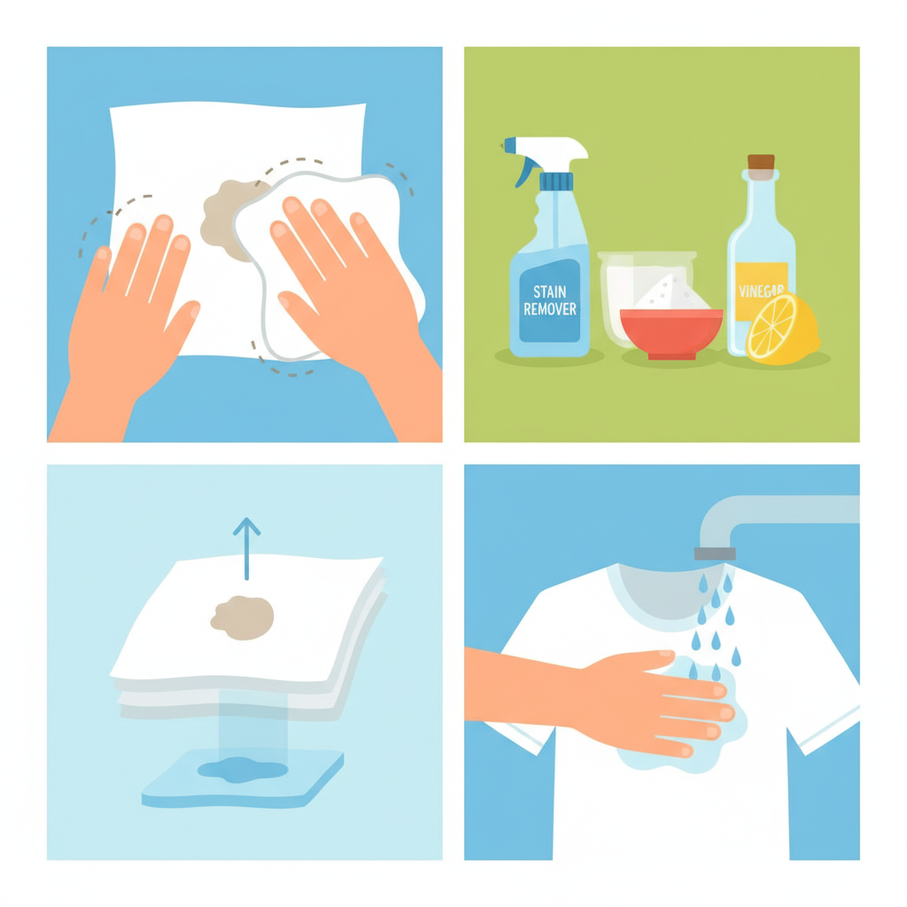 A vibrant, multi-panel flat illustration depicting general tips for stain removal on cotton. The central panel shows hands gently dabbing a fresh, small stain on a piece of white cotton fabric with a clean cloth, emphasizing a soft, non-rubbing motion. Another smaller panel visually suggests treating the stain from the reverse side, perhaps with an arrow passing through the fabric onto an absorbent pad underneath. The overall style is clean, friendly, and instructional, using bright, appealing colors.