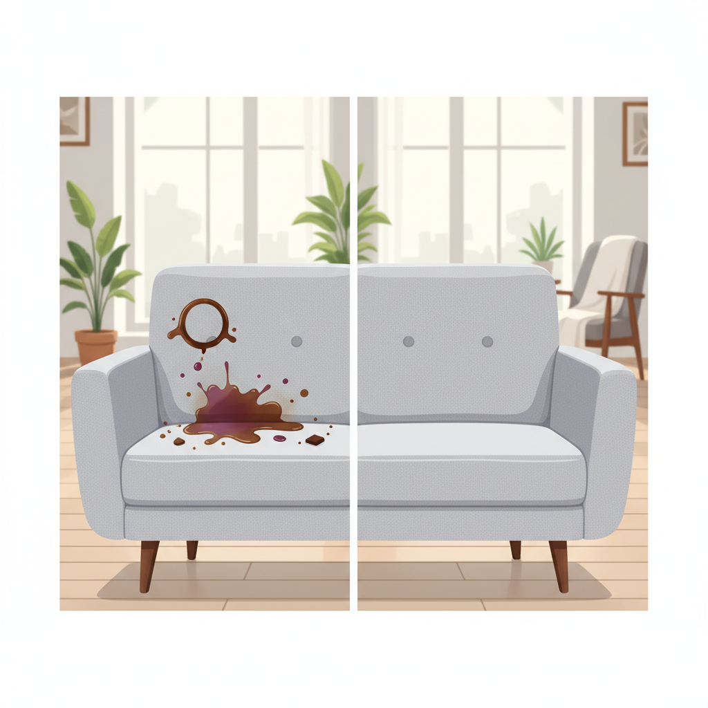 A split-screen or juxtaposed image showing a modern, comfortable fabric sofa. On the left side, the sofa cushion is marred by several common household stains: a dark coffee ring, a reddish wine splash, and a brown chocolate smear, depicting the challenge of a dirty couch. On the right side, the identical sofa cushion is pristine, spotless, and inviting, symbolizing a successful cleaning outcome. The overall setting is a bright, airy living room. Flat illustration style with a clean, professional finish, emphasizing the contrast without being overly dramatic.