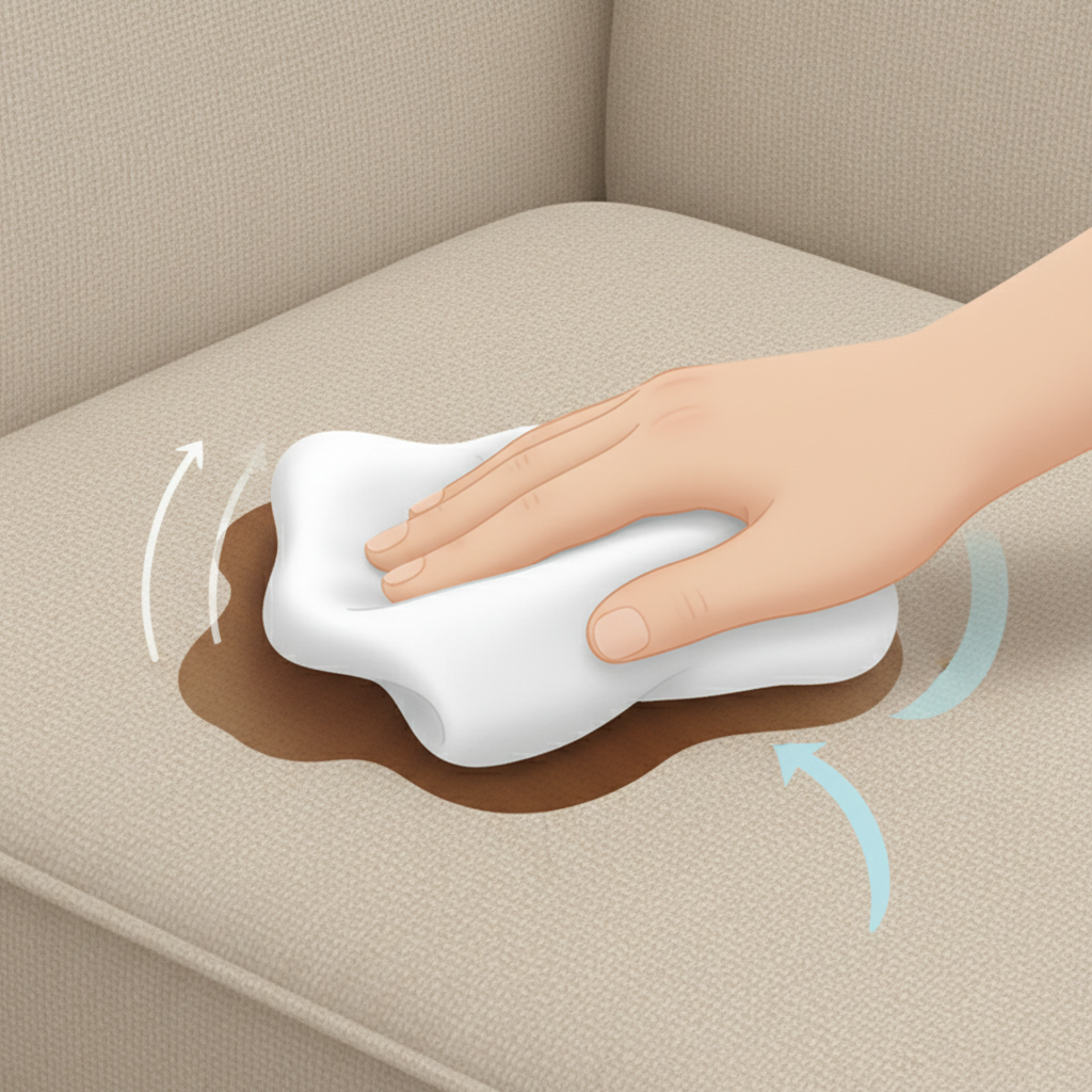 A close-up, infographic-style illustration demonstrating the correct first-aid technique for a fresh liquid stain on a fabric couch cushion. A clean, absorbent cloth held by a hand is gently dabbing at the edge of a small, visible liquid spill (e.g., a coffee drop). Subtle visual cues like faint dashed lines or a gradient around the cloth indicate the 'tupfen' (dabbing) motion, and soft, curved arrows suggest moving from the outside perimeter of the stain towards its center. The background features the textured fabric of the couch, highlighting the action. Clean, modern vector art.