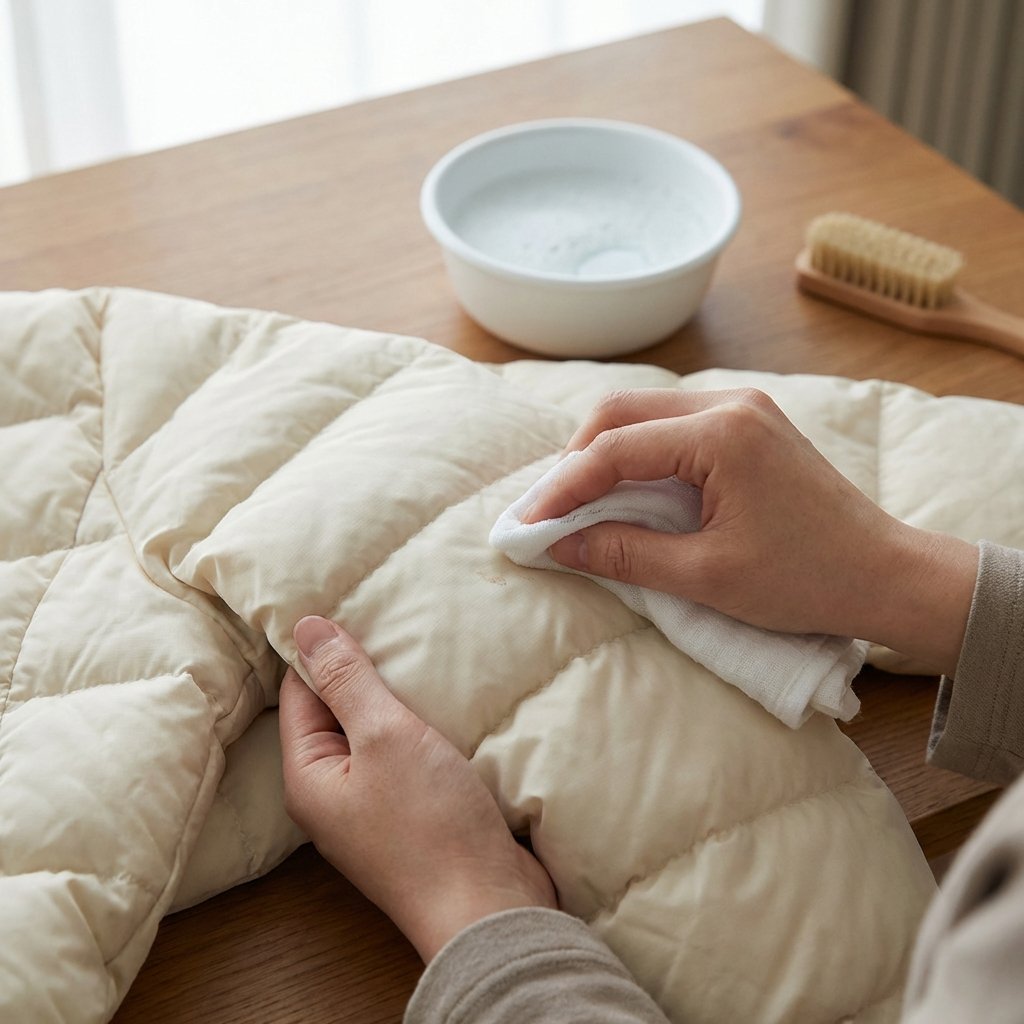 A close-up, top-down professional photo showing a pair of hands gently spot-cleaning a section of a light-colored down jacket. One hand holds a soft, damp cloth, carefully dabbing a small, subtle stain on the jacket's quilted surface. In the background, slightly out of focus, sits a small bowl of clear, foamy liquid (representing mild detergent) and perhaps a small, soft brush. The focus should be on the delicate interaction and the texture of the down jacket, emphasizing careful, gentle treatment. The lighting is soft and natural, creating a clean and reassuring atmosphere suitable for a helpful guide.