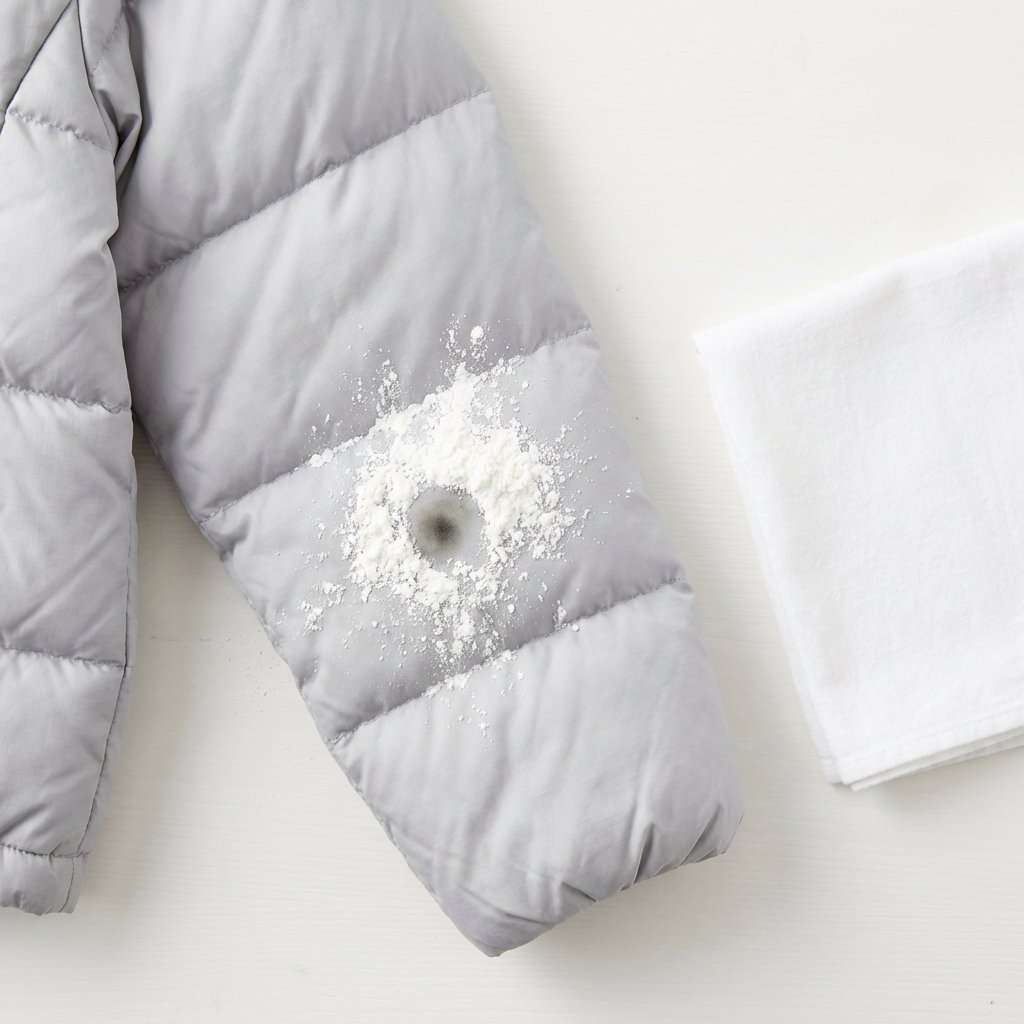 A professional, bright flat lay photo illustrating the initial step of removing a fresh grease stain from a down jacket. A segment of a quilted down jacket is visible, featuring a small, dark grease stain. A generous pile of fine white powder, such as cornstarch or baking powder, is visibly sprinkled directly onto the stain, indicating its absorbent action. A clean, absorbent kitchen paper or soft cloth is placed neatly beside the jacket segment. The image captures the practical, immediate action of stain treatment, with a focus on textures and clarity, conveying a simple, effective solution.