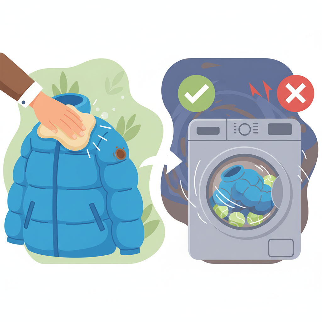 A vibrant flat illustration contrasting two methods of caring for a puffy down jacket. On one side, a close-up of a hand gently spot-cleaning a small, fresh coffee stain on the sleeve of a pristine, plump down jacket with a soft cloth, emphasizing precision and care. On the other side, a blurred, less defined depiction of a washing machine with a slightly flattened, less puffy down jacket inside, visually suggesting the potential harm of a full wash. The overall image clearly highlights the benefits and effectiveness of the spot-cleaning method.