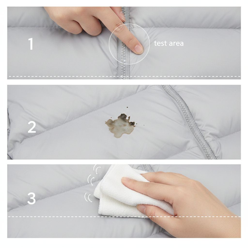 A clear, step-by-step infographic-style illustration demonstrating best practices for stain removal on a down jacket. The image features a clean, grey down jacket as the background. Overlayed are three distinct visual steps: 1) A hand pointing to an inconspicuous inner seam of the jacket, indicating a 'test area'. 2) A close-up of a small, fresh mud or grease stain on the jacket fabric. 3) A hand gently dabbing the stain with a clean white microfibre cloth, showing a distinct blotting motion rather than rubbing. The impression is methodical, gentle, and effective care.