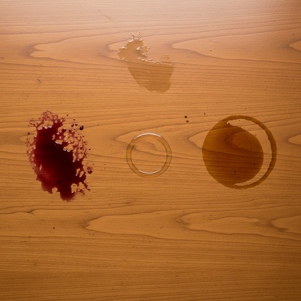 A vibrant, professional close-up photograph of a polished wooden tabletop, showcasing several distinct types of common household stains. On the left, a bright red wine spill partially dried. In the center, a clear, light water ring from a glass. To the right, a dark, rich coffee stain, possibly with a faint ring. Further back, a subtle, greasy smudge. The wood grain should be visible and appealing, creating a visually clear representation of the problems discussed in the article. The lighting is bright and clean, emphasizing the contrast between the clean wood and the visible imperfections.