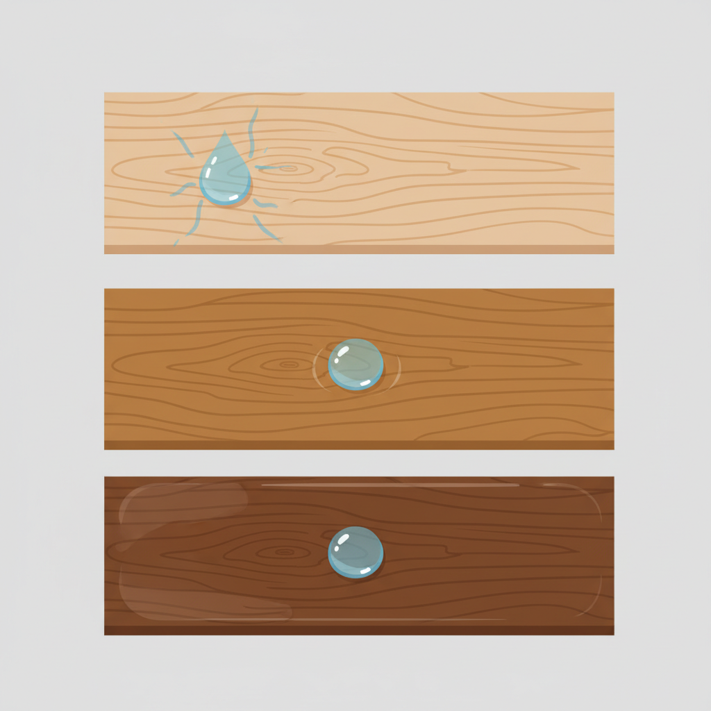 A clean and modern flat illustration depicting three distinct sections of wood, each representing a different surface treatment. The leftmost section shows untreated, porous wood, with a blue liquid drop visually sinking deeply into the grain. The middle section depicts oiled or waxed wood, where a similar blue liquid drop is partially absorbed but also slightly beaded on the surface, indicating some protection. The rightmost section displays lacquered or sealed wood, with the blue liquid drop clearly beading up and sitting entirely on top, signifying strong surface protection. Use a subtle wood texture for each section, with clear visual differentiation between the layers.