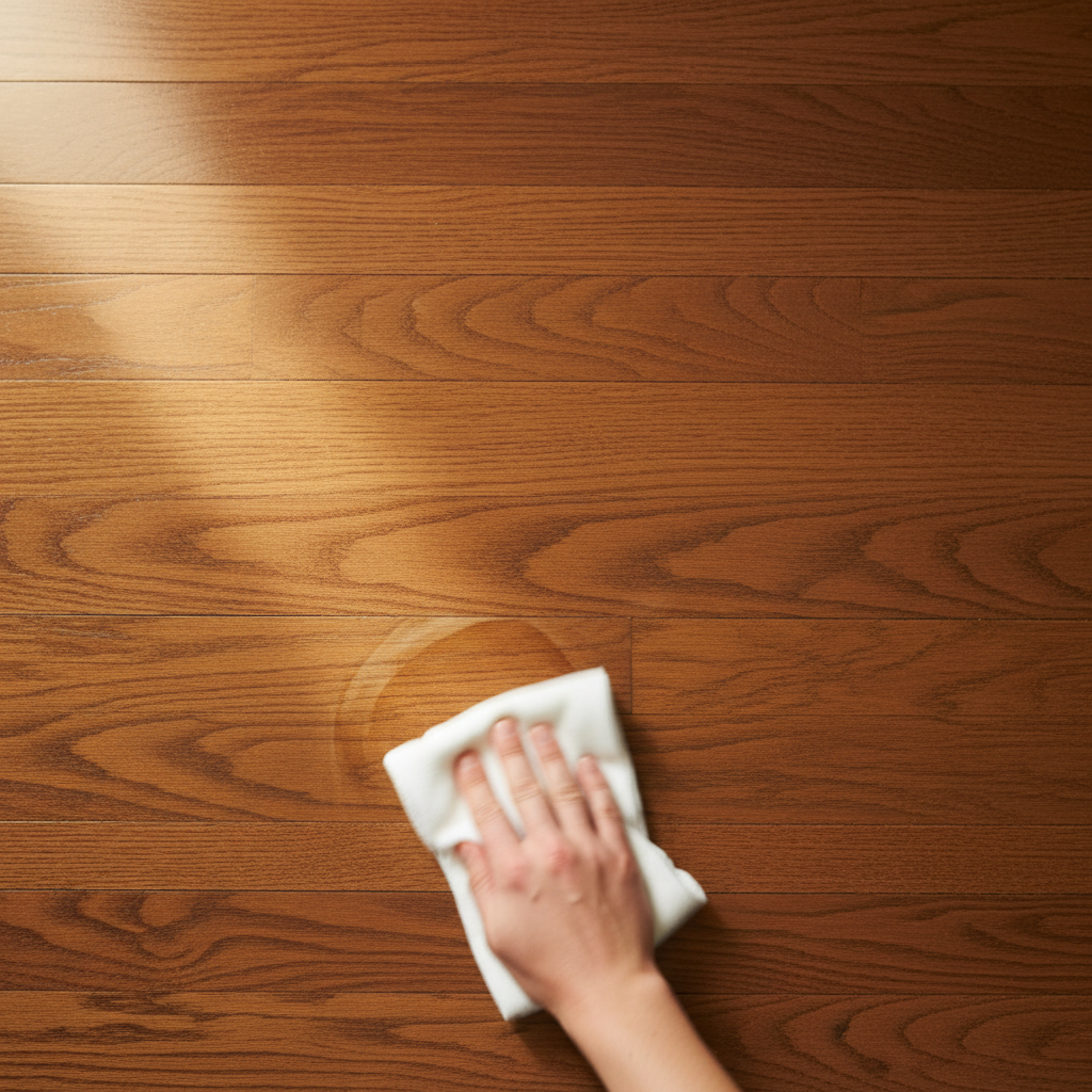 A vibrant, high-angle professional photo showcasing a gleaming, well-maintained wooden floor. In the foreground, a subtle, almost invisible coffee ring stain is being gently wiped away by a soft, damp cloth held by a blurred hand, suggesting ongoing cleaning. The background transitions to a perfectly clean, polished section of the floor, reflecting warm light from an unseen window. The image should convey the satisfaction of restoration and the effectiveness of care, with rich wood grain visible. The overall mood is bright, clean, and inviting, emphasizing the transformation.