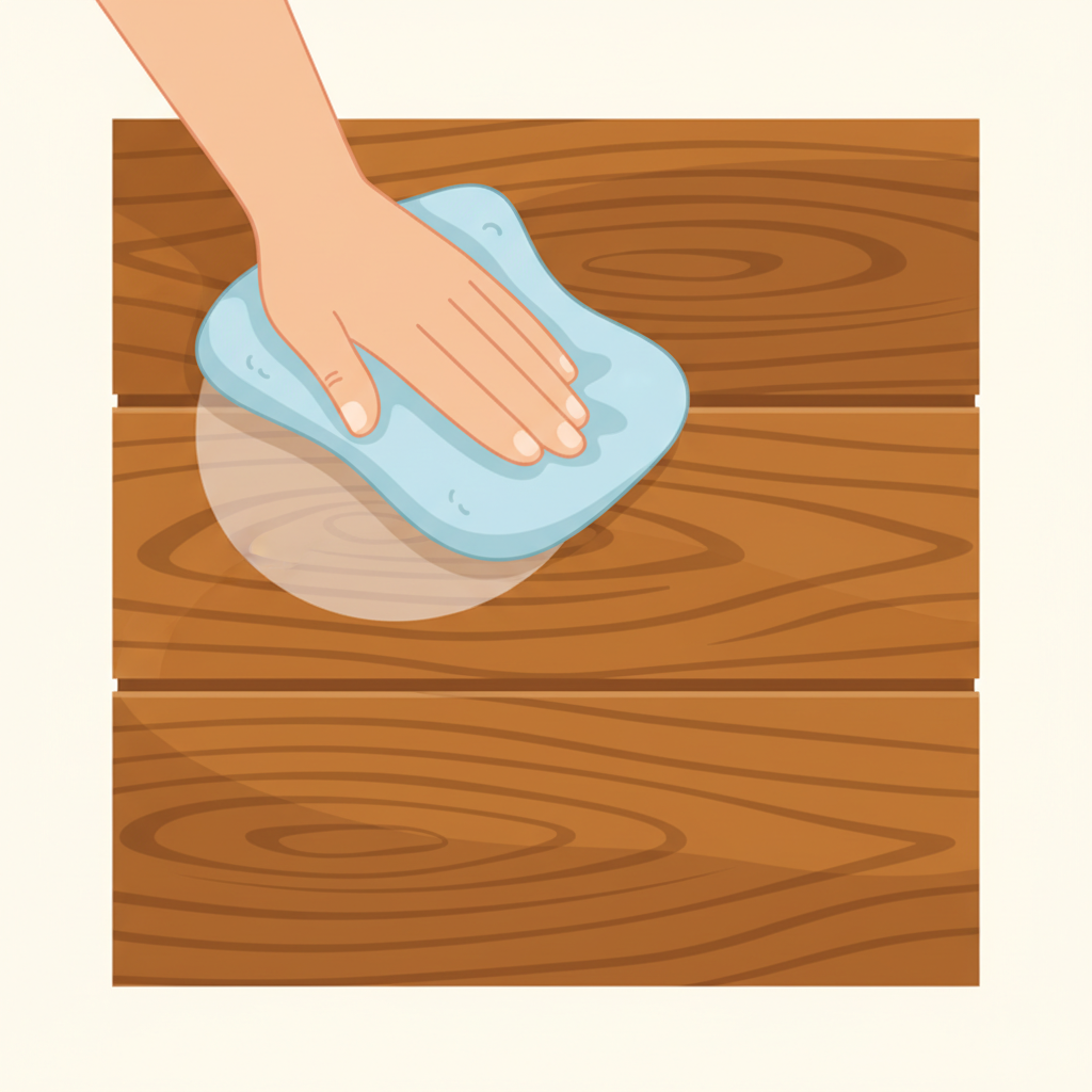 A detailed flat illustration depicting a sectional view of a wooden floor plank. On one side, a visible water ring stain (white/light discoloration) has seeped slightly into the wood grain. A gentle, illustrative hand, holding a soft, slightly damp cloth, is shown carefully wiping this specific stain in the direction of the wood grain. The other side of the plank appears clean and polished, showing the successful removal of the stain. The illustration uses warm, natural wood tones with contrasting but not harsh colors for the stain and cleaning action, emphasizing careful technique and minimal moisture.