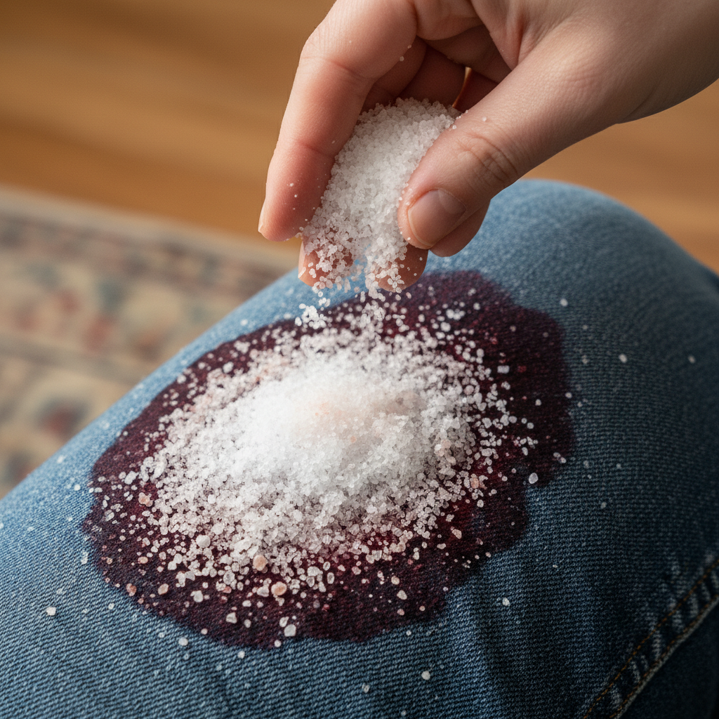 A close-up view of a denim pant leg with a distinct, wet red wine stain. A hand is shown actively sprinkling coarse white salt generously over the entire surface of the red wine stain. The salt crystals are visibly absorbing some of the liquid, creating a slightly clumpy texture on the fabric. The background is softly blurred, keeping the focus squarely on the stain and the salt application. The overall impression is one of a practical, effective home remedy in action. Style: Detailed, clear macro photograph with rich colors and good depth of field, emphasizing the texture of the fabric and salt.