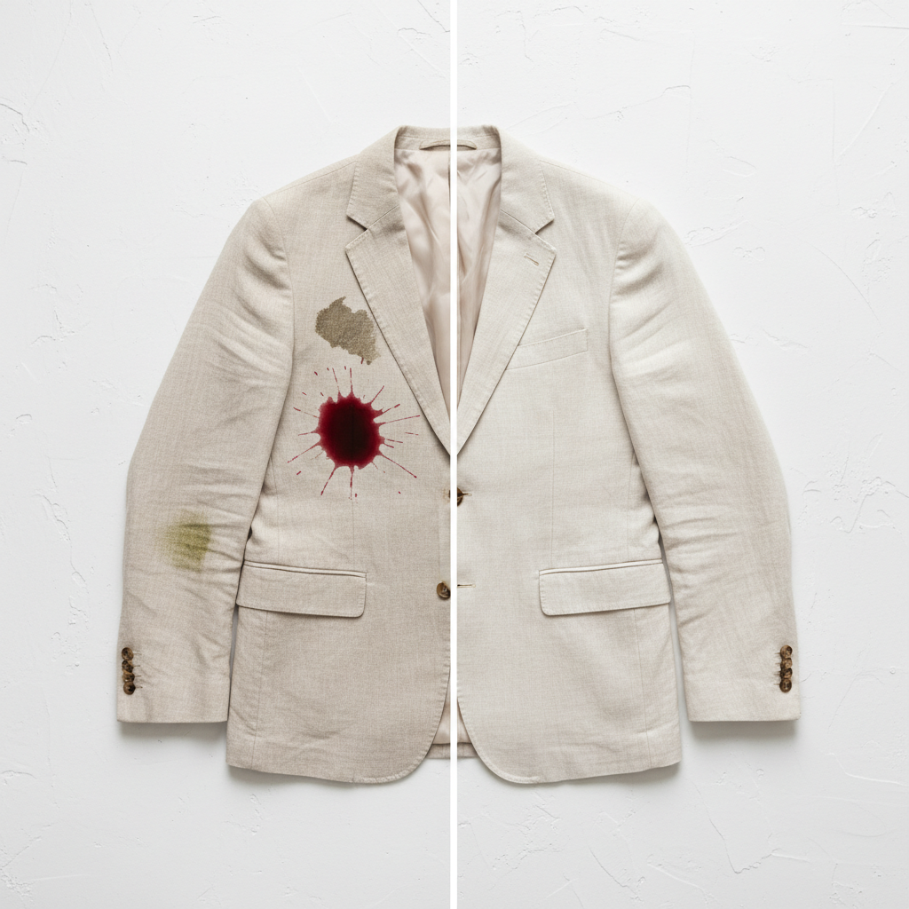 A professional photo from a top-down perspective showing a stylish, light-colored jacket. On one half of the jacket, several distinct, common stains are visible: a red wine splash, a grease spot, and a grass stain, making the jacket look unkempt. On the other half, the jacket is pristine and clean, completely free of stains, implying a successful cleaning process. The focus is on the stark contrast between the dirty and clean states, conveying the article's core message of effective stain removal. The background is a clean, minimalist surface.