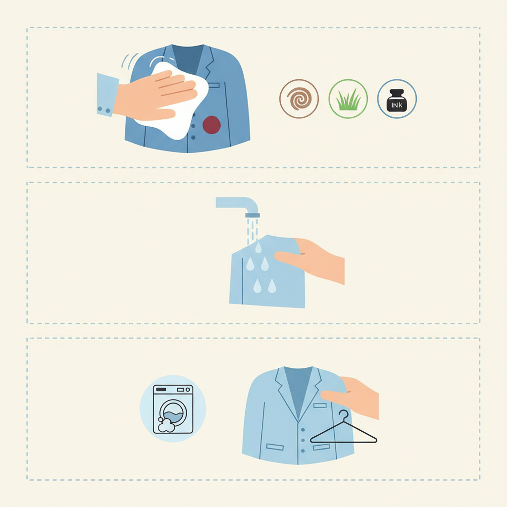 An infographic style illustration depicting essential stain removal steps on a jacket. The scene shows stylized hands interacting with a piece of fabric. One hand gently dabs a small red wine stain with a clean cloth, representing careful blotting. Another segment shows symbols like a grease spot, grass, and ink above the fabric, implying stain identification. A third visual depicts cold water drops falling onto the fabric, emphasizing the use of cold water. The overall style is clean, modern, and easy to understand, using soft, muted colors and simple icons.