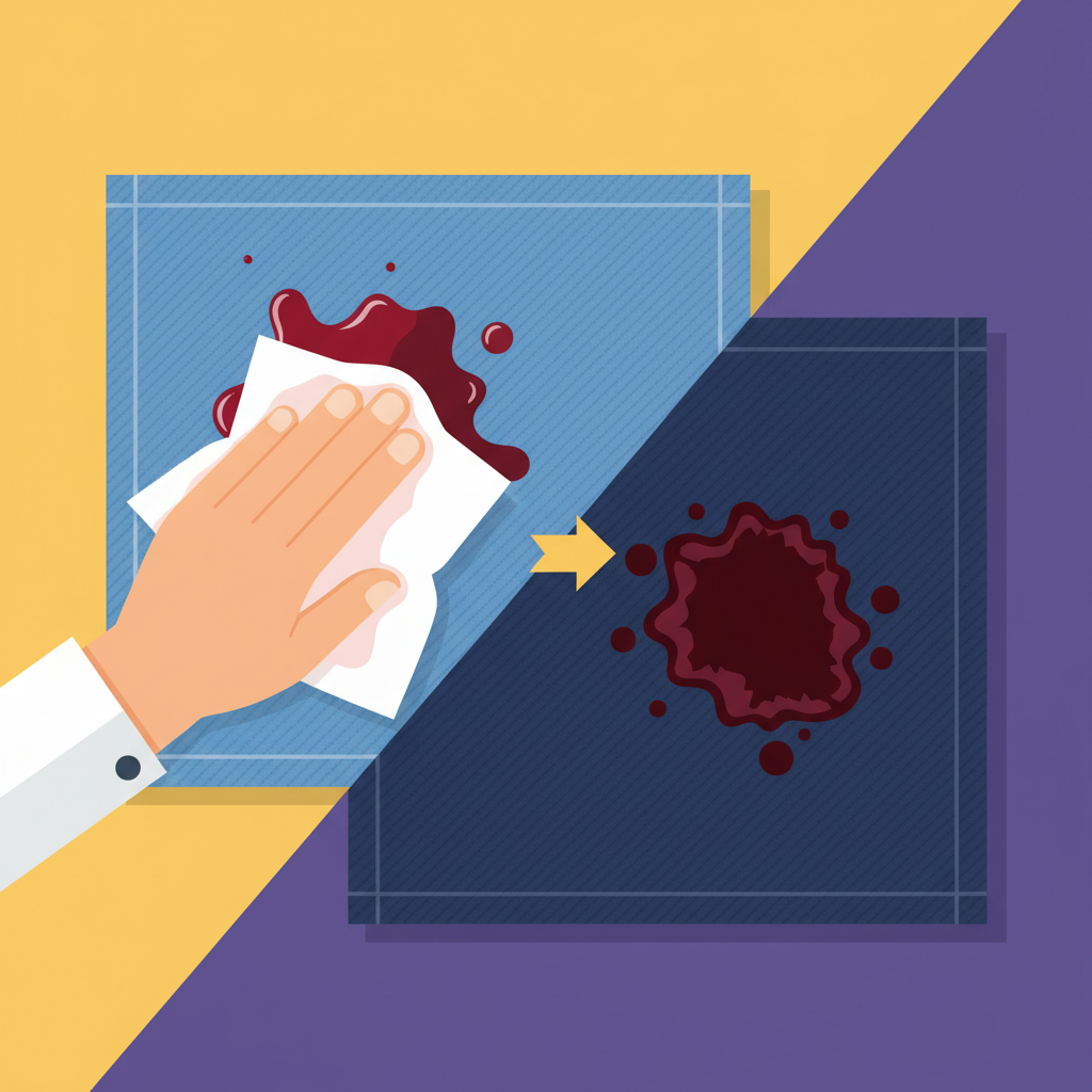 A flat illustration depicting a dynamic comparison of stain removal. On the left, a vibrant blue denim patch with a fresh, still-wet red wine spill. A hand quickly dabs the spill with a crisp white paper towel, showing immediate action. On the right, a darker, more saturated denim patch with an old, dried, and deeply ingrained red wine stain, looking stubborn and challenging. The overall style should be clean, modern, and infographic-like, using a contrasting color scheme to highlight the urgency of quick treatment.