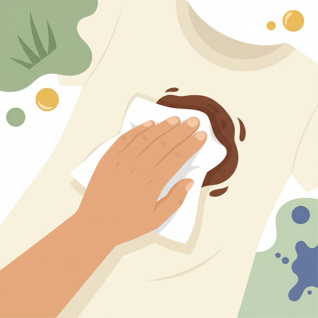 A dynamic flat illustration depicting a quick reaction to a fresh stain on clothing. A clean, generic hand is gently dabbing a fresh, dark liquid stain (like spilled coffee or wine) on a light-colored fabric with a small, white cloth or paper towel. In the background, subtle, abstract representations of various stain types like grass, oil droplets, and ink splotches are faintly visible, emphasizing the article's scope. The overall scene conveys urgency and immediate action in a clean, modern aesthetic with vibrant but soft colors.