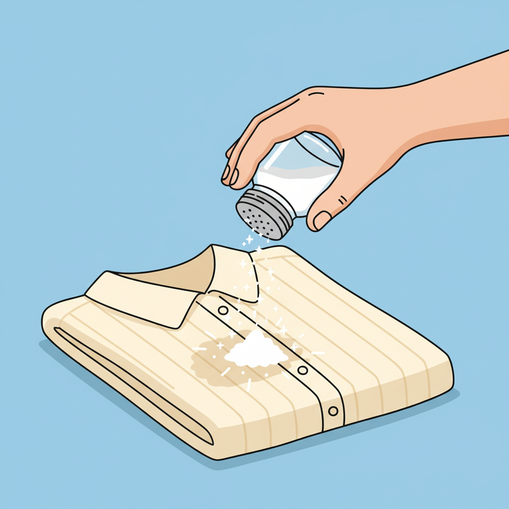 A detailed close-up flat illustration demonstrating the immediate treatment of a grease stain. A light-colored, neatly folded fabric (e.g., a t-shirt or blouse) has a subtle, circular grease mark. A generic hand is gently sprinkling a fine, light-colored powder (like cornstarch or talcum) directly onto the center of the grease stain. Small, stylized particles of the powder are shown actively spreading and beginning to absorb the slightly darker grease mark, illustrating the absorption process clearly and effectively.