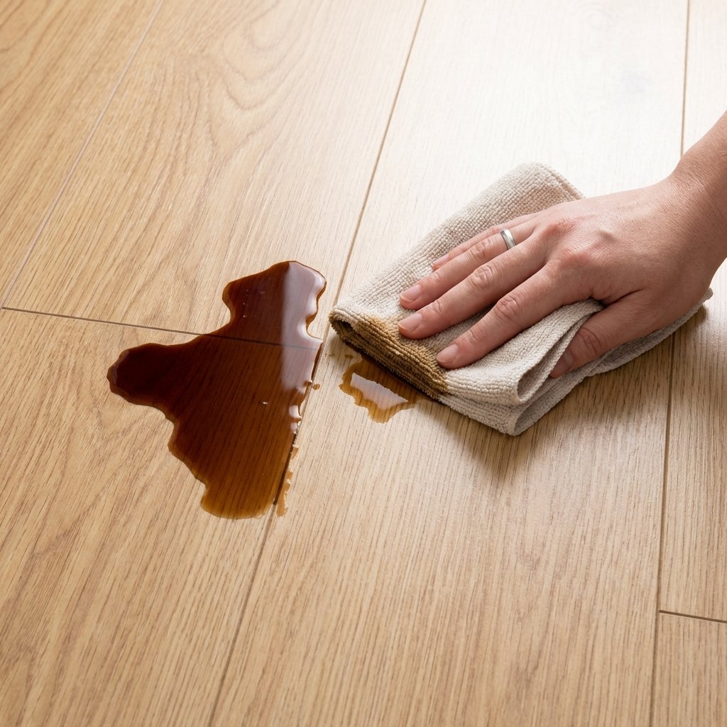 A close-up, top-down professional photo showing a section of light wood-patterned laminate flooring. On the left, a fresh, wet spill of dark liquid, like coffee or red wine, forms a distinct stain on the clean laminate surface. On the right, a human hand gently dabs the wet spill with a clean, soft, light-colored absorbent cloth (e.g., microfiber), illustrating the immediate and gentle action of soaking up the liquid. The scene should convey urgency and effective spot cleaning, with the laminate appearing well-maintained around the action.