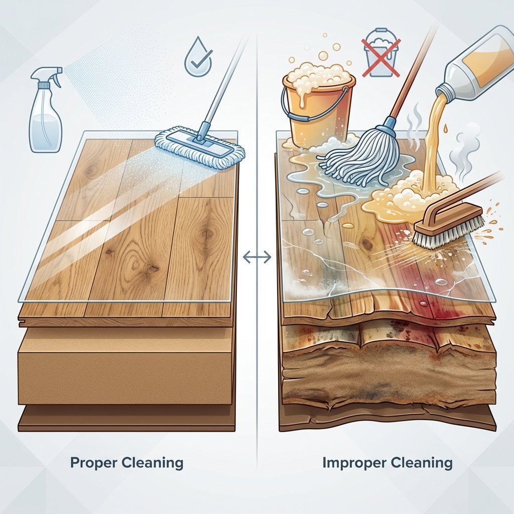 An infographic-style illustration contrasting proper and improper laminate cleaning. On the left side, a pristine cross-section of laminate flooring clearly shows its intact layers: a thin, transparent protective overlay, a decorative wood-grain layer, a thick, dense core layer (HDF), and a backing layer. Above this, a small, controlled amount of moisture (e.g., a single spray mist or a barely damp cloth mark) is depicted. On the right side, a damaged cross-section of the same laminate is shown, with the core layer visibly swollen, discolored, and slightly warped, and the top layers beginning to lift. Above this, an excessive amount of water or an aggressive, frothy cleaning solution is shown. The visual clearly differentiates the effects of careful vs. damaging cleaning methods.