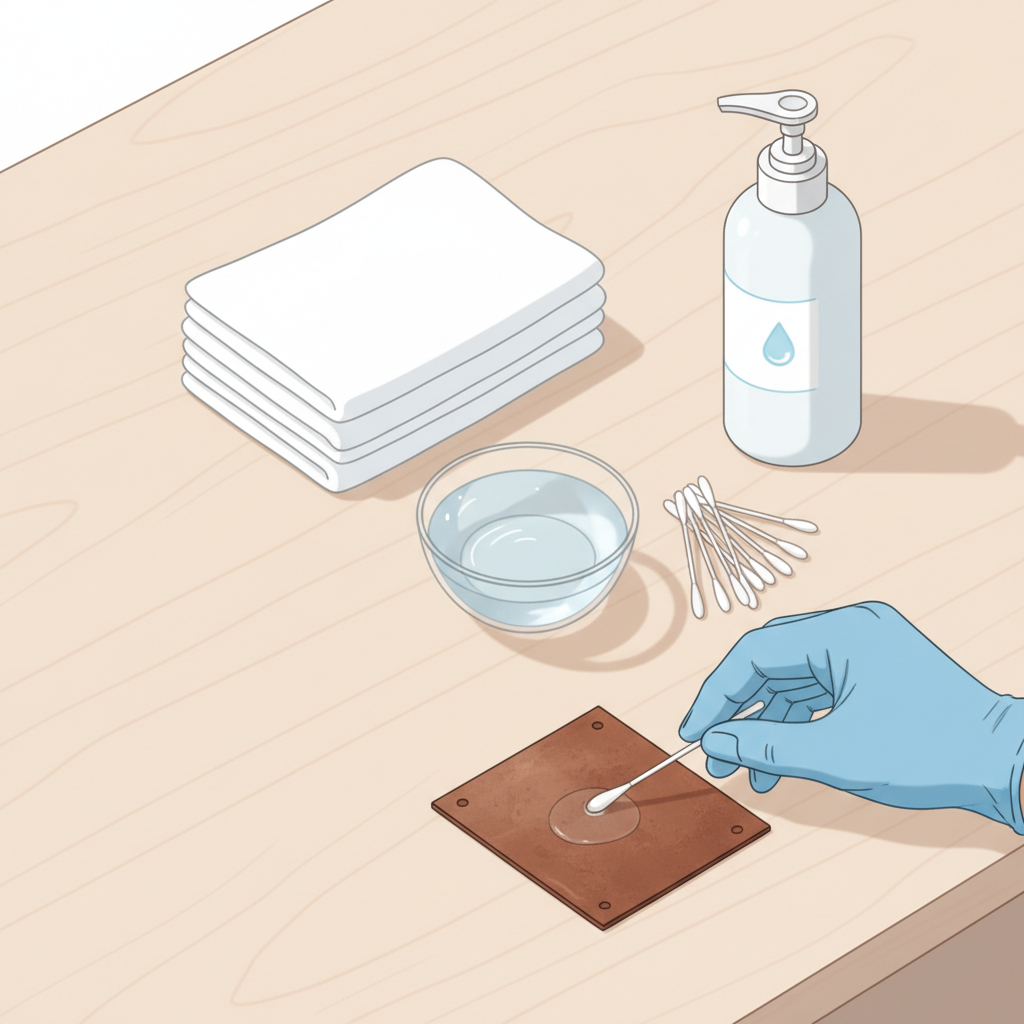 A clean and bright infographic-style illustration of a preparation station for leather stain removal. The scene features various tools neatly arranged on a neutral surface: soft microfiber cloths, a small bowl of clear distilled water, a generic bottle of mild soap, and several cotton swabs. In the foreground, a hand, possibly gloved, is gently applying a clear liquid from a cotton swab onto an inconspicuous corner of a leather swatch, demonstrating a patch test. The overall impression should be organized, precise, and practical.