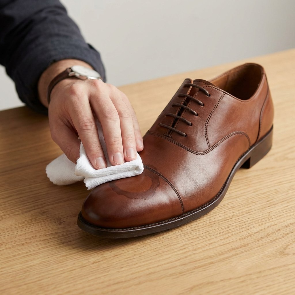 A professional studio photograph capturing a close-up of a luxurious brown leather dress shoe with a prominent, visible water stain on its toe cap. A person's hand, entering the frame from the side, is gently dabbing the stain with a soft, slightly damp white microfiber cloth. The background is a blurred, elegant light wood surface, emphasizing the focused action on the shoe and suggesting a meticulous cleaning process. The lighting is soft and even, highlighting the texture of the leather.