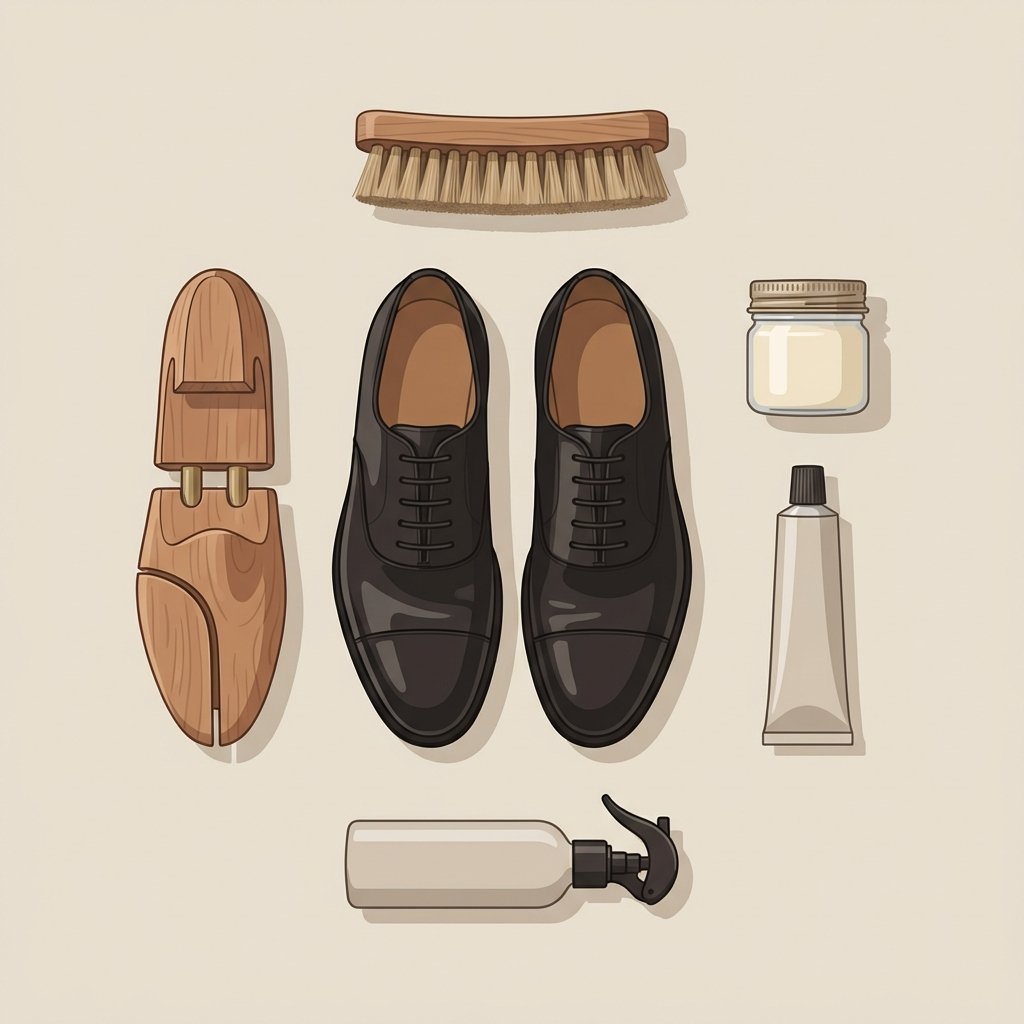 A high-quality flat illustration depicting an organized collection of essential leather shoe care items. In the center, a pair of pristine, elegant black leather Oxford shoes. Arranged around them are a wooden shoe tree, a soft bristle shoe brush, a small jar of leather conditioning cream, a tube of neutral shoe polish, and a spray bottle representing a waterproofing agent. The arrangement is clean and minimalist, set against a light, neutral background, conveying a sense of comprehensive maintenance and prevention.