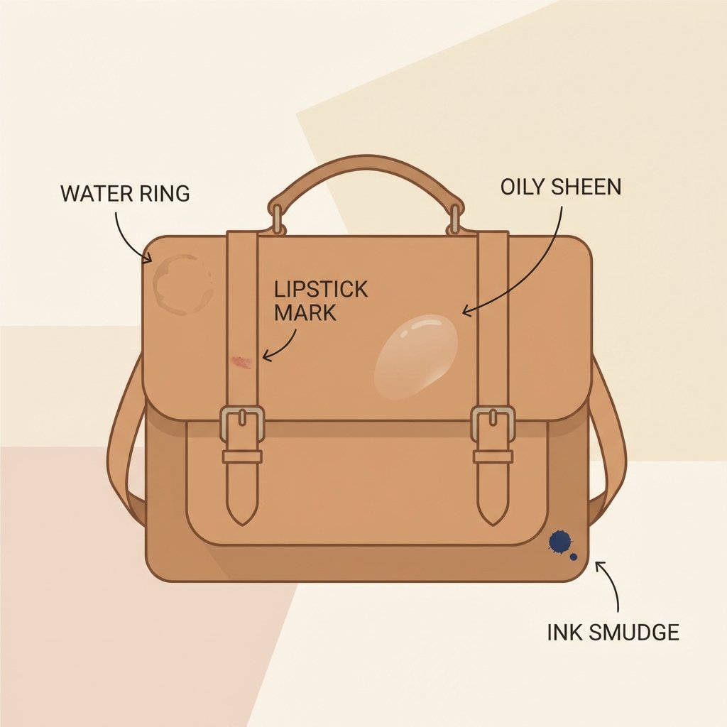 A stylish, well-maintained leather handbag (e.g., a satchel or tote) is depicted with several subtle, distinct stain types across its surface. One area shows a faint oily sheen, another a small, dark ink smudge, and a third a light water ring. A fourth area might have a tiny lipstick mark. The image focuses on the diversity of common blemishes, presented cleanly without looking overly damaged. The background is soft and minimalist, allowing the bag and its imperfections to be the focal point. Flat illustration style with a clean, vector aesthetic.