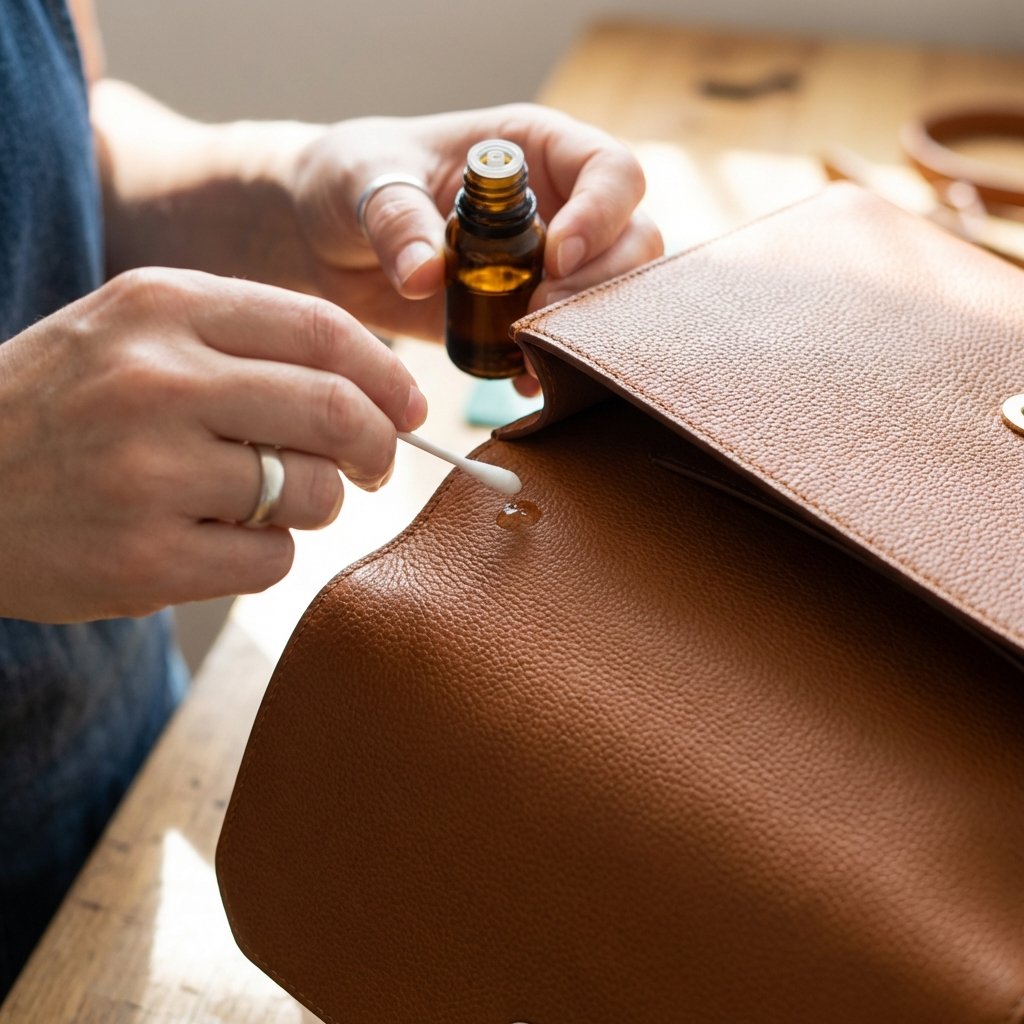 A close-up, professional photo shows a person's hands carefully applying a tiny drop of a cleaning solution onto an inconspicuous area, like the bottom or inside flap, of an elegant leather handbag. The leather surface is visible, showing its texture and highlighting the small, delicate application. A small white cloth or cotton swab is used for application. The focus is on the meticulousness and caution of the testing process before full-scale cleaning. The lighting is bright and natural, emphasizing the leather's quality and the careful action being performed.